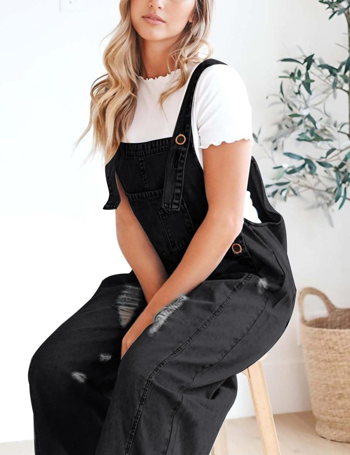 imageGihuo Denim Overalls for Women Jean Bib Overalls Wide Leg Loose Fit Barrel Baggy Distressed Adjustable StrapsBlack