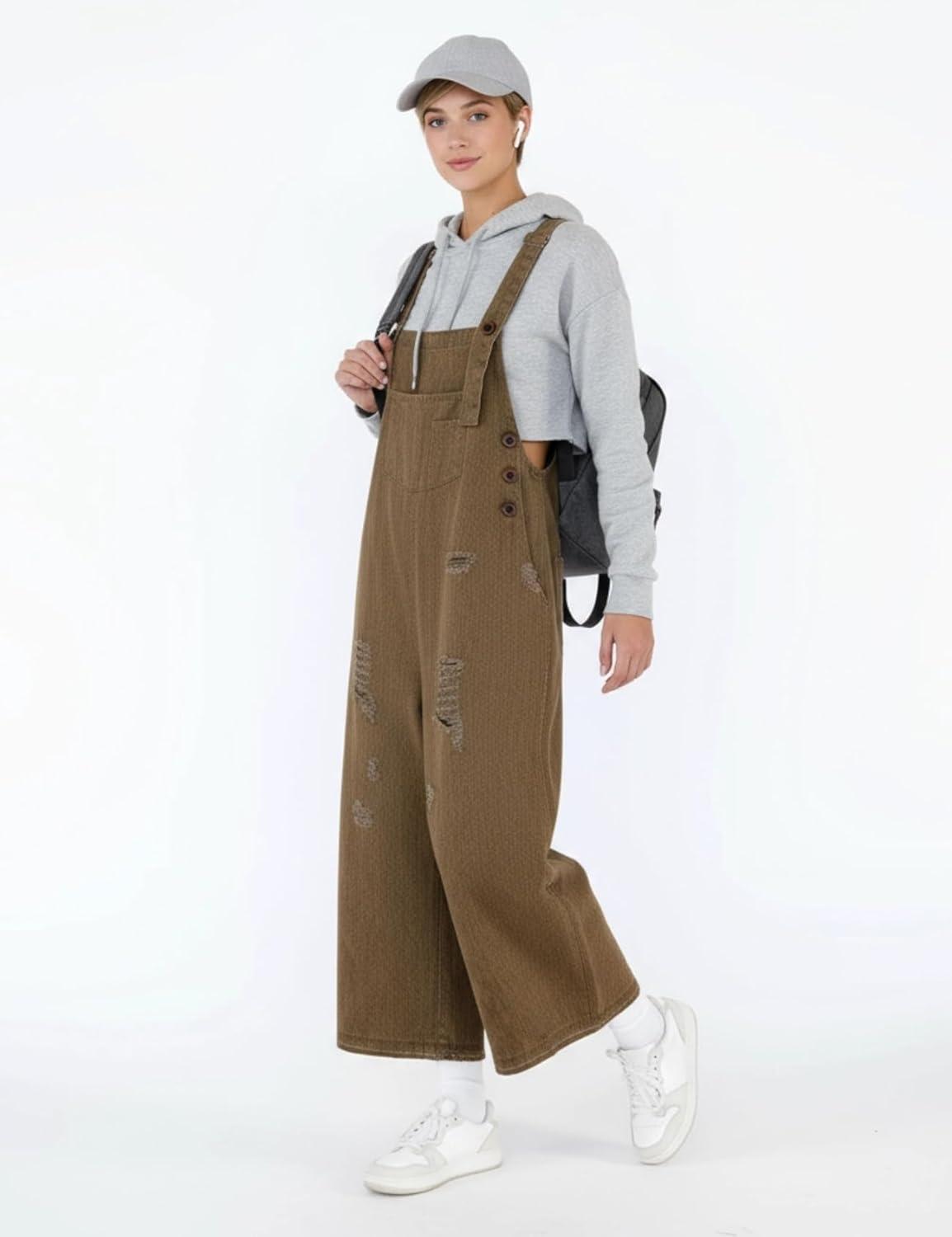 imageGihuo Denim Overalls for Women Jean Bib Overalls Wide Leg Loose Fit Barrel Baggy Distressed Adjustable StrapsBrown