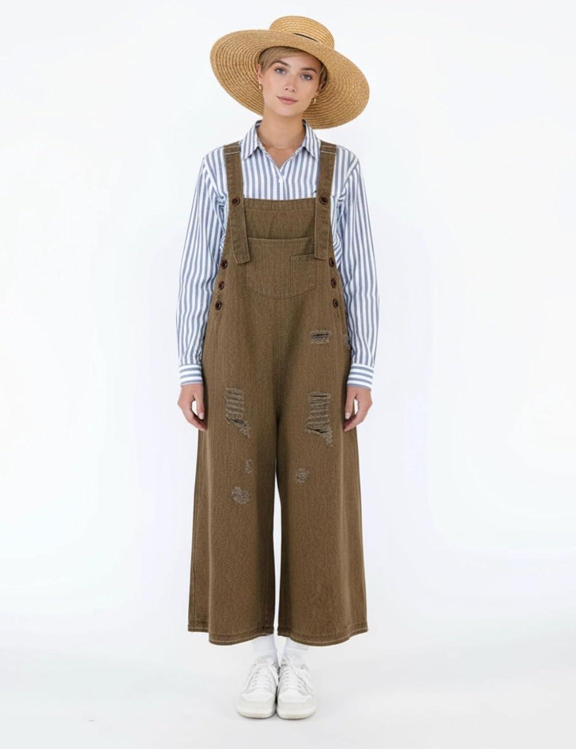 imageGihuo Denim Overalls for Women Jean Bib Overalls Wide Leg Loose Fit Barrel Baggy Distressed Adjustable StrapsBrown