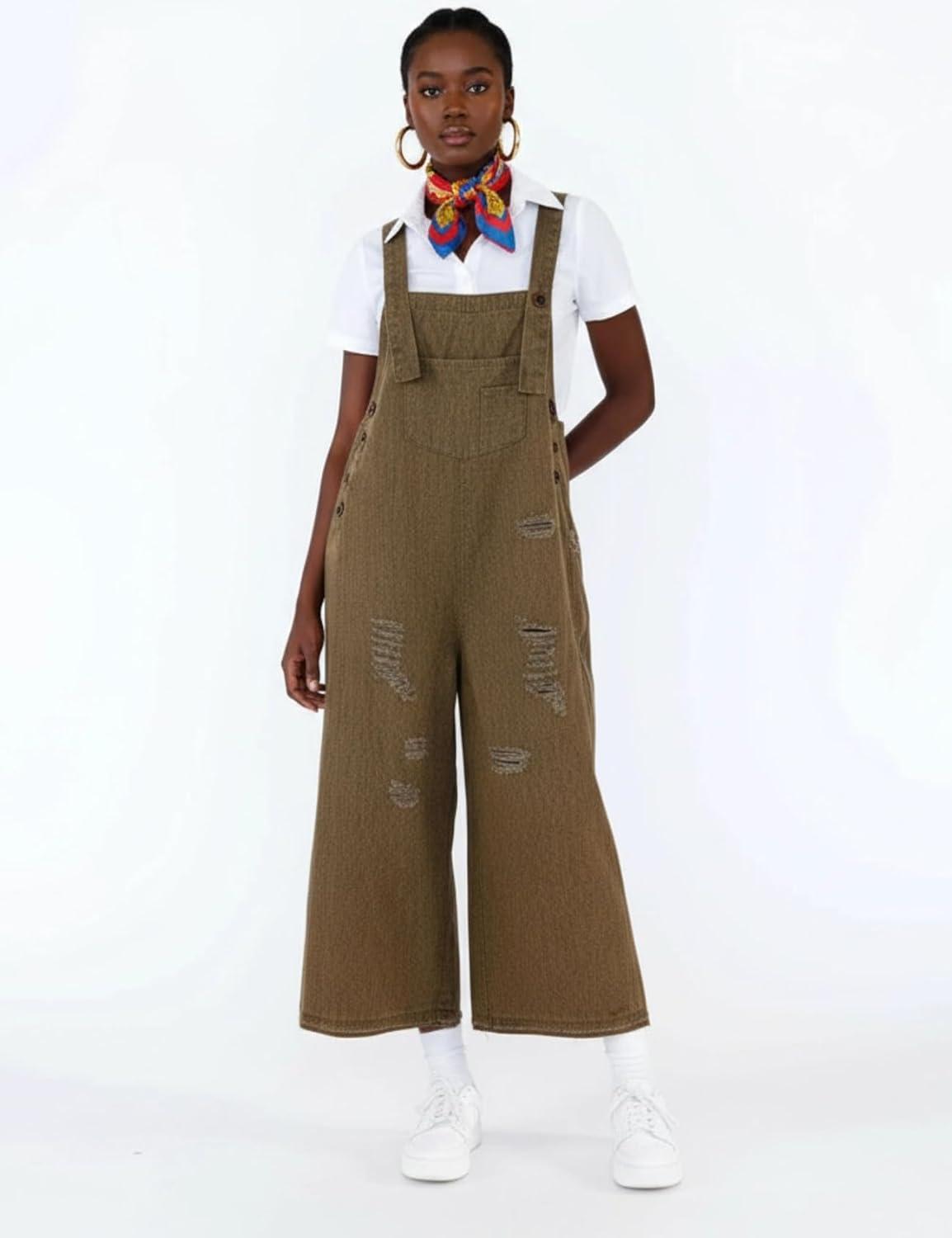 imageGihuo Denim Overalls for Women Jean Bib Overalls Wide Leg Loose Fit Barrel Baggy Distressed Adjustable StrapsBrown