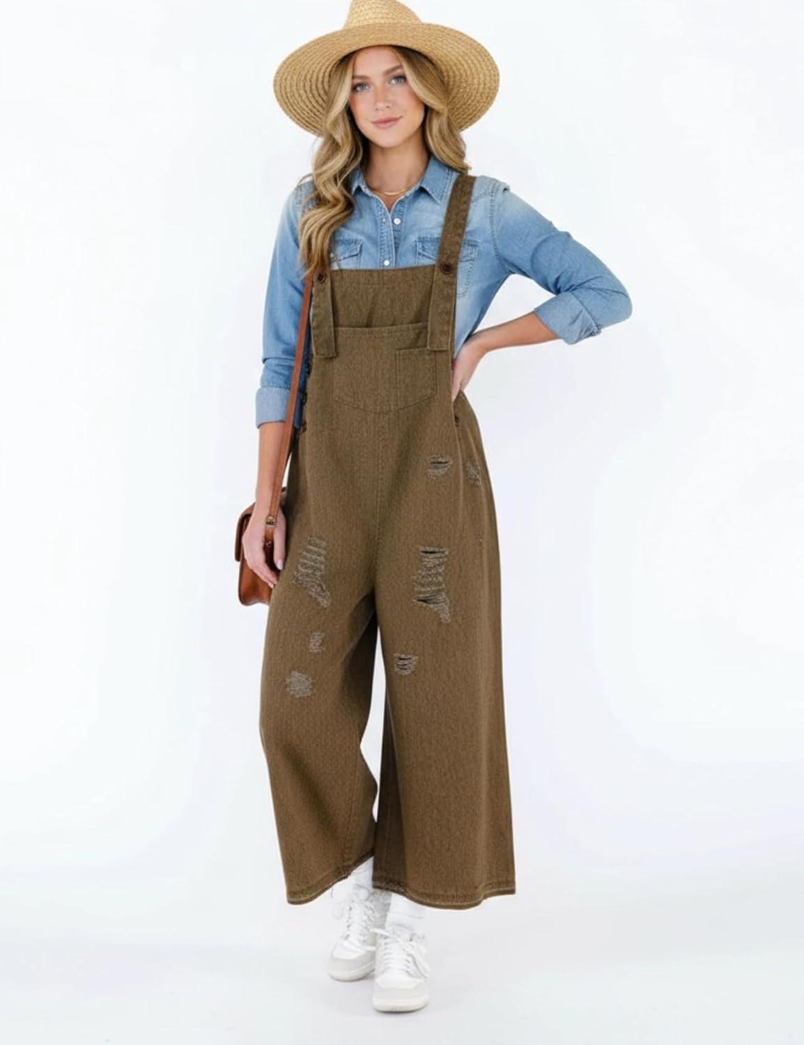 imageGihuo Denim Overalls for Women Jean Bib Overalls Wide Leg Loose Fit Barrel Baggy Distressed Adjustable StrapsBrown