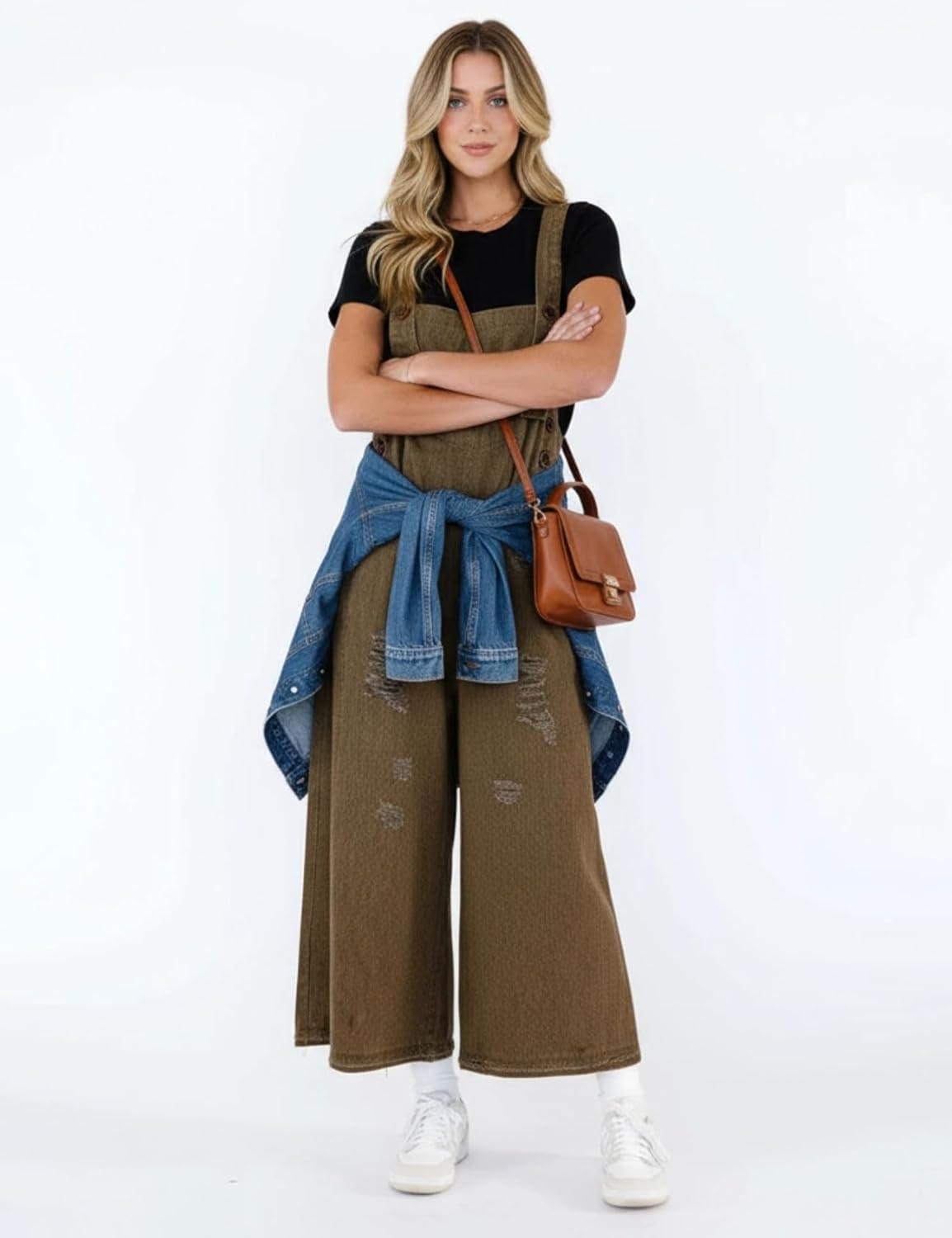 imageGihuo Denim Overalls for Women Jean Bib Overalls Wide Leg Loose Fit Barrel Baggy Distressed Adjustable StrapsBrown