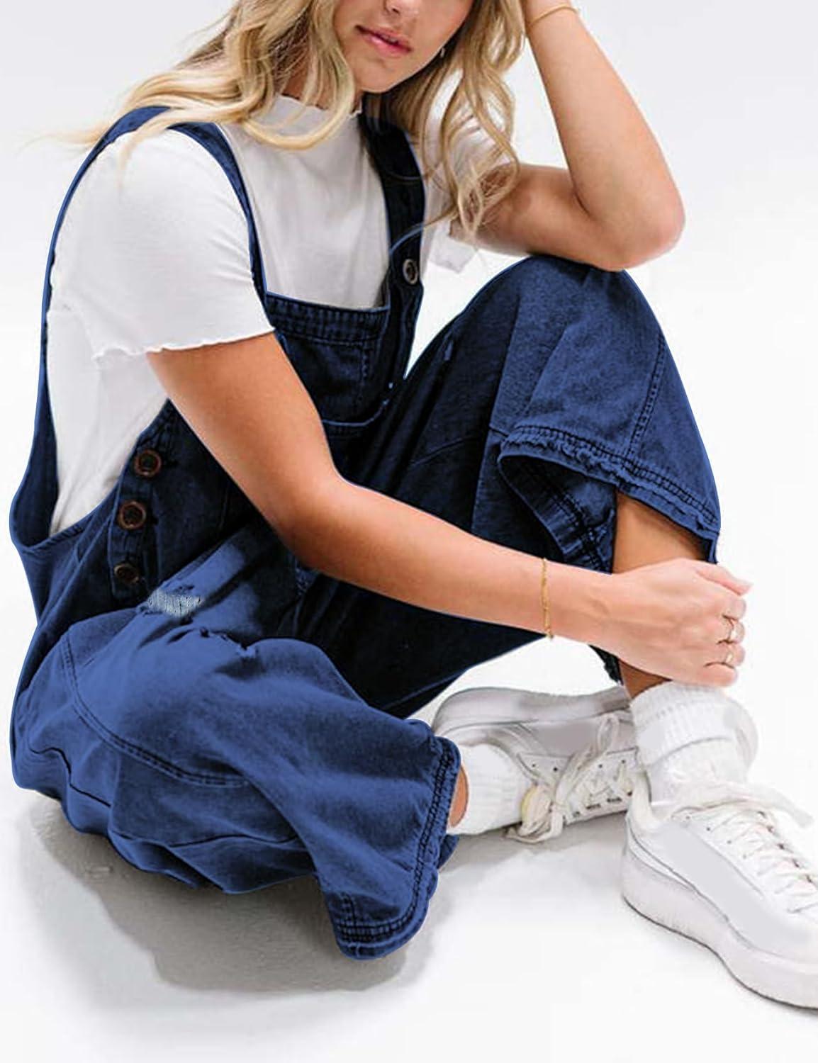 imageGihuo Denim Overalls for Women Jean Bib Overalls Wide Leg Loose Fit Barrel Baggy Distressed Adjustable StrapsDarkblue