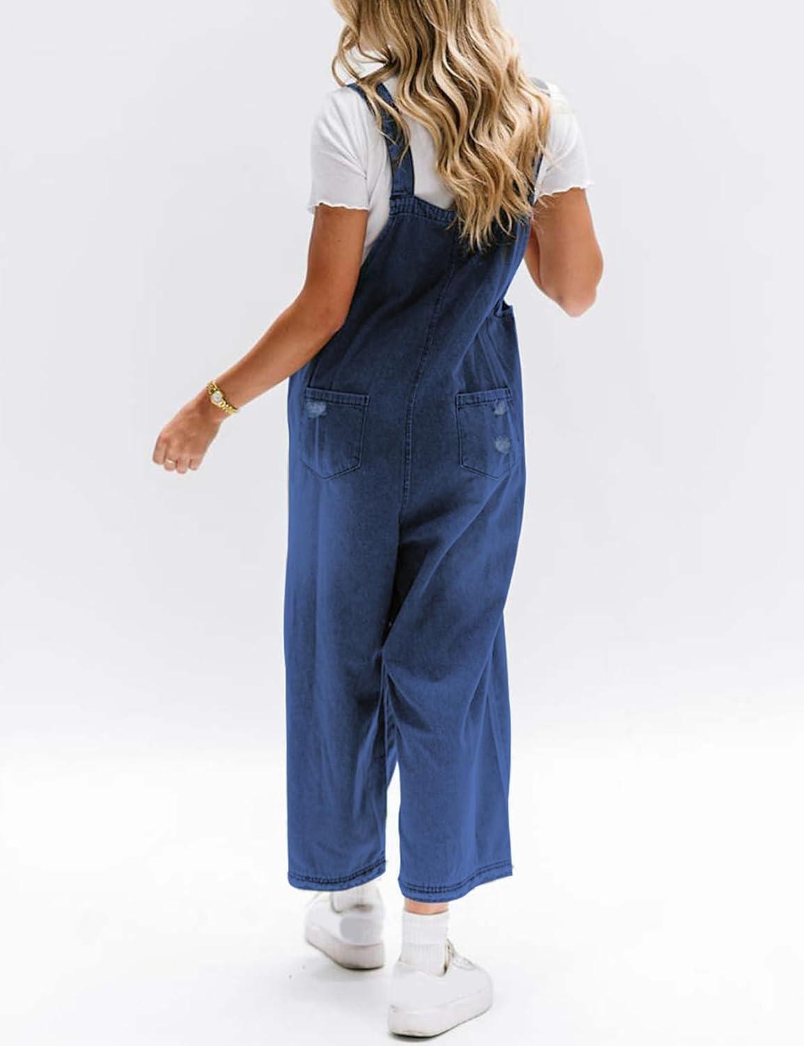 imageGihuo Denim Overalls for Women Jean Bib Overalls Wide Leg Loose Fit Barrel Baggy Distressed Adjustable StrapsDarkblue