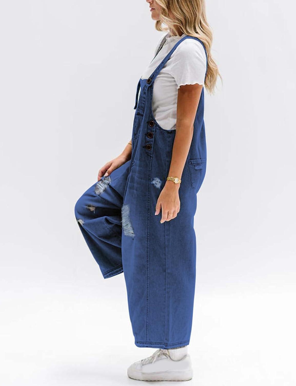imageGihuo Denim Overalls for Women Jean Bib Overalls Wide Leg Loose Fit Barrel Baggy Distressed Adjustable StrapsDarkblue