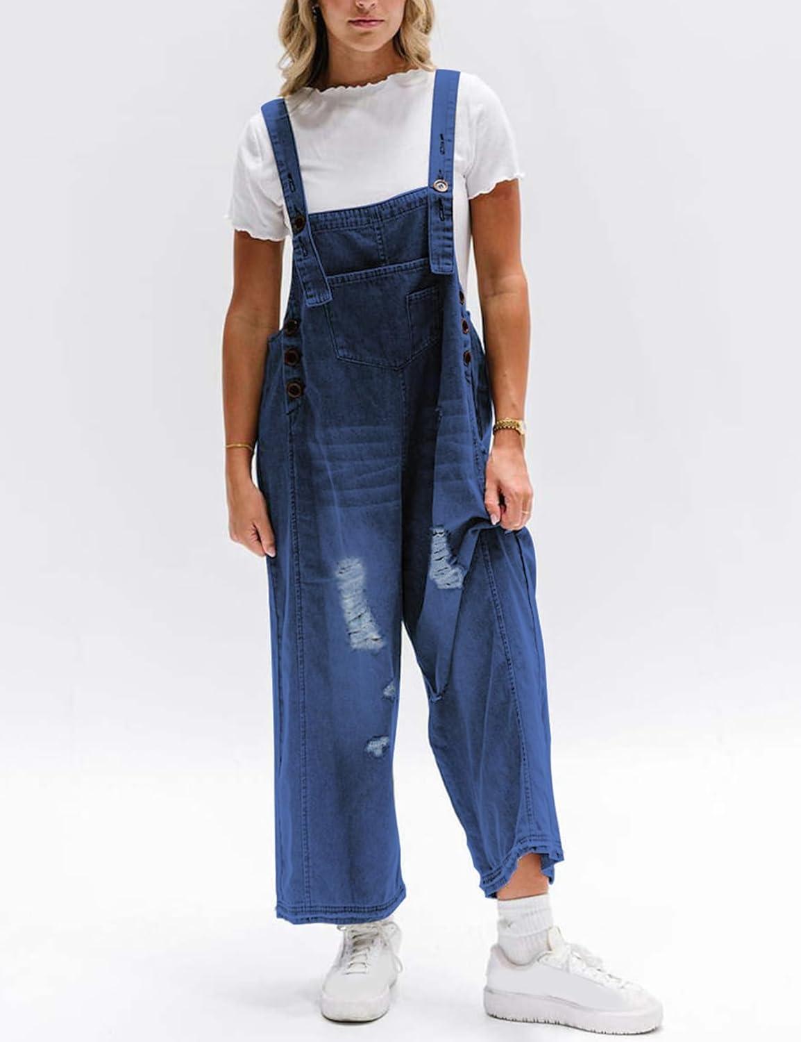 imageGihuo Denim Overalls for Women Jean Bib Overalls Wide Leg Loose Fit Barrel Baggy Distressed Adjustable StrapsDarkblue