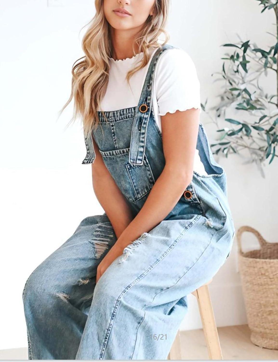 imageGihuo Denim Overalls for Women Jean Bib Overalls Wide Leg Loose Fit Barrel Baggy Distressed Adjustable StrapsLightblue