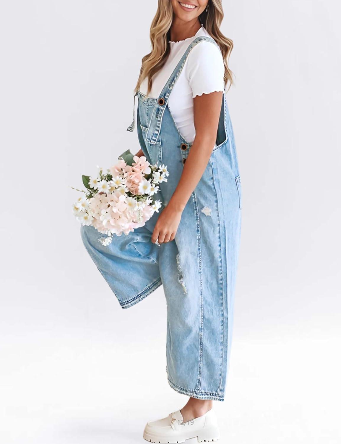 imageGihuo Denim Overalls for Women Jean Bib Overalls Wide Leg Loose Fit Barrel Baggy Distressed Adjustable StrapsLightblue