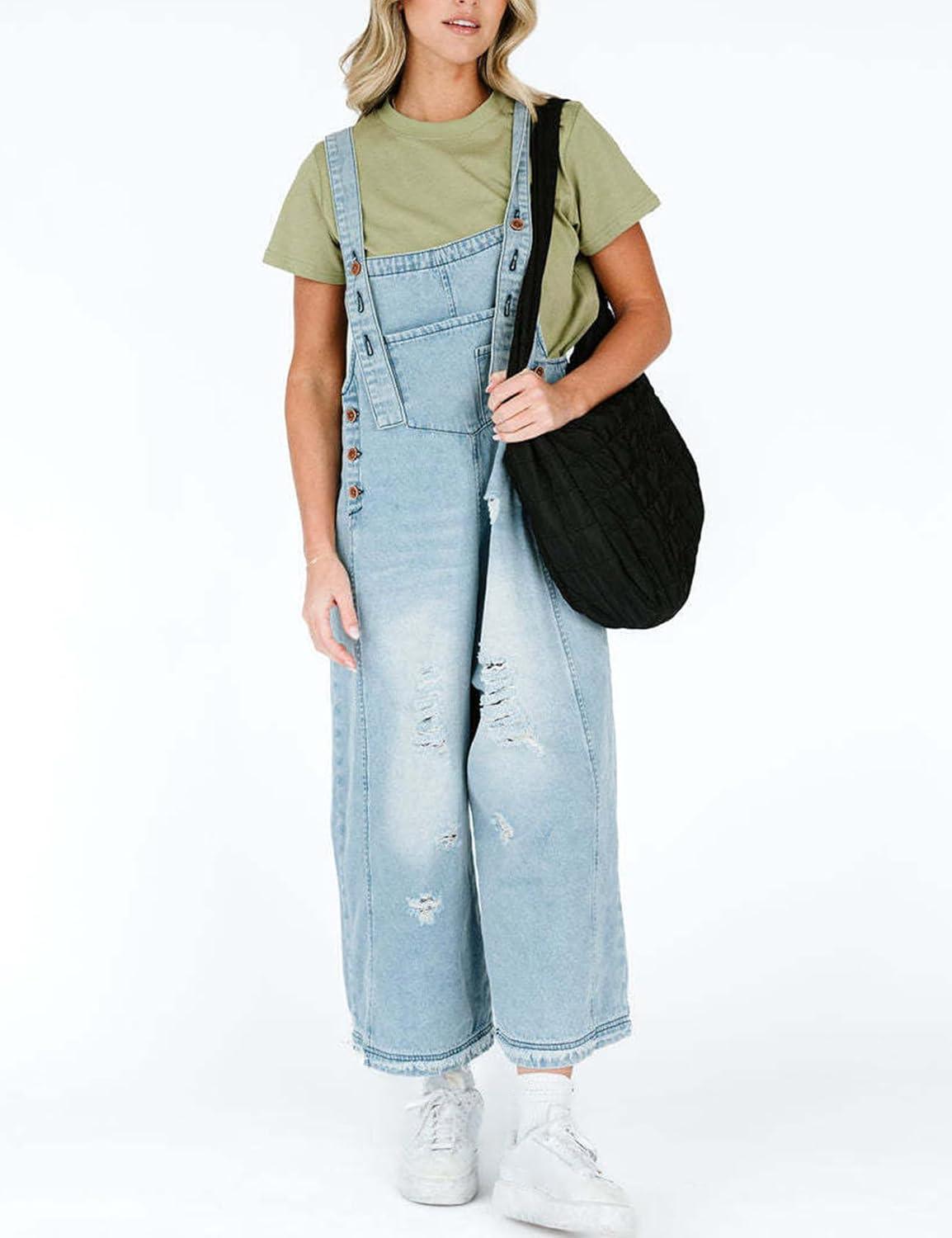 imageGihuo Denim Overalls for Women Jean Bib Overalls Wide Leg Loose Fit Barrel Baggy Distressed Adjustable StrapsLightblue