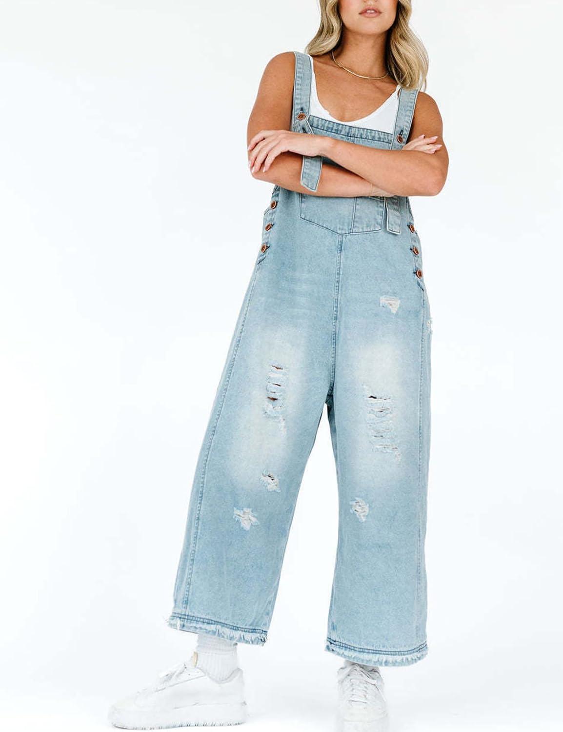 imageGihuo Denim Overalls for Women Jean Bib Overalls Wide Leg Loose Fit Barrel Baggy Distressed Adjustable StrapsLightblue
