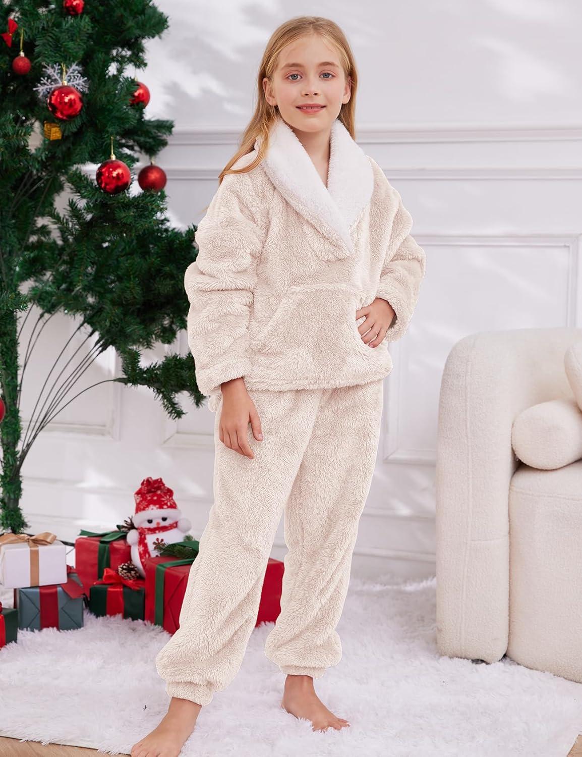 imageGihuo Girls Fleece Pants Sets Fuzzy 2 Piece Outfits Lapel Collar Pullover Sweatshirt Set Sweatsuit 514YBeige
