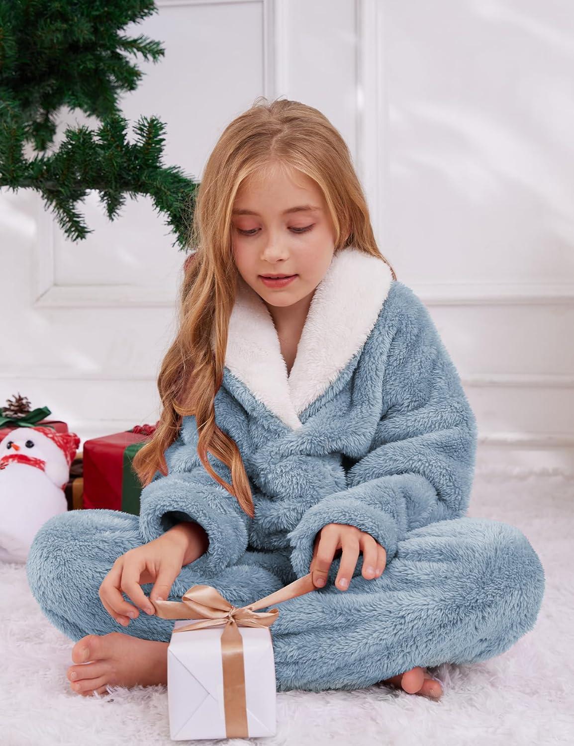 imageGihuo Girls Fleece Pants Sets Fuzzy 2 Piece Outfits Lapel Collar Pullover Sweatshirt Set Sweatsuit 514YBlue