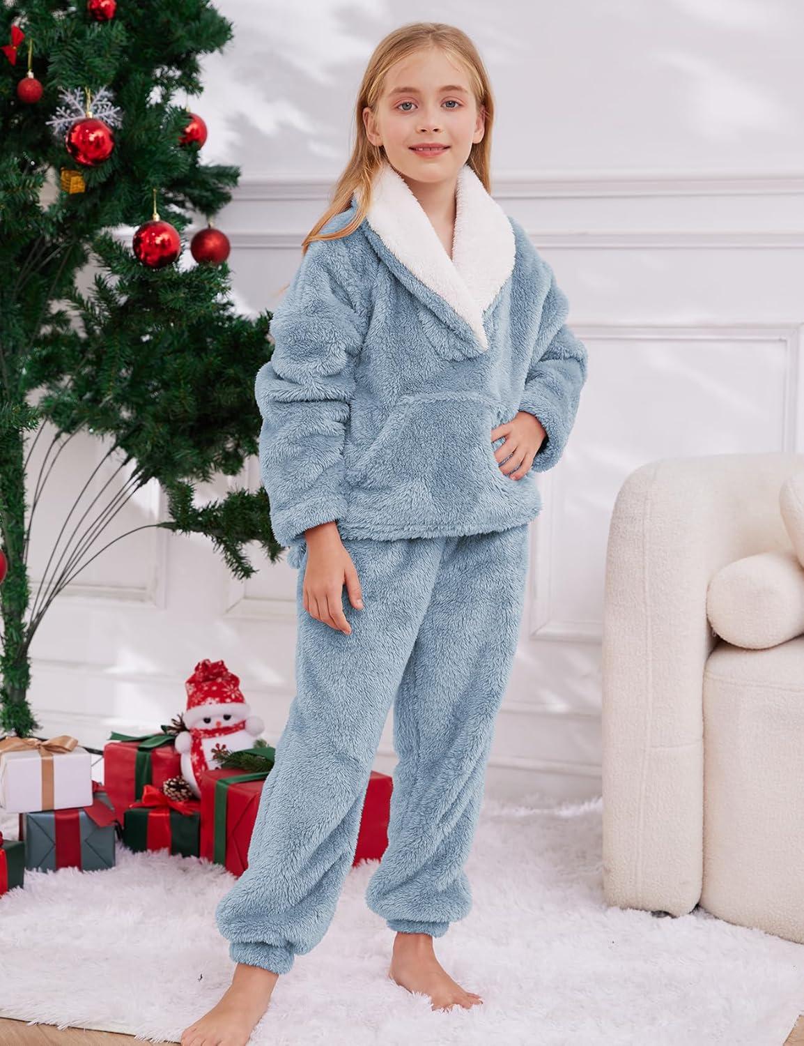 imageGihuo Girls Fleece Pants Sets Fuzzy 2 Piece Outfits Lapel Collar Pullover Sweatshirt Set Sweatsuit 514YBlue