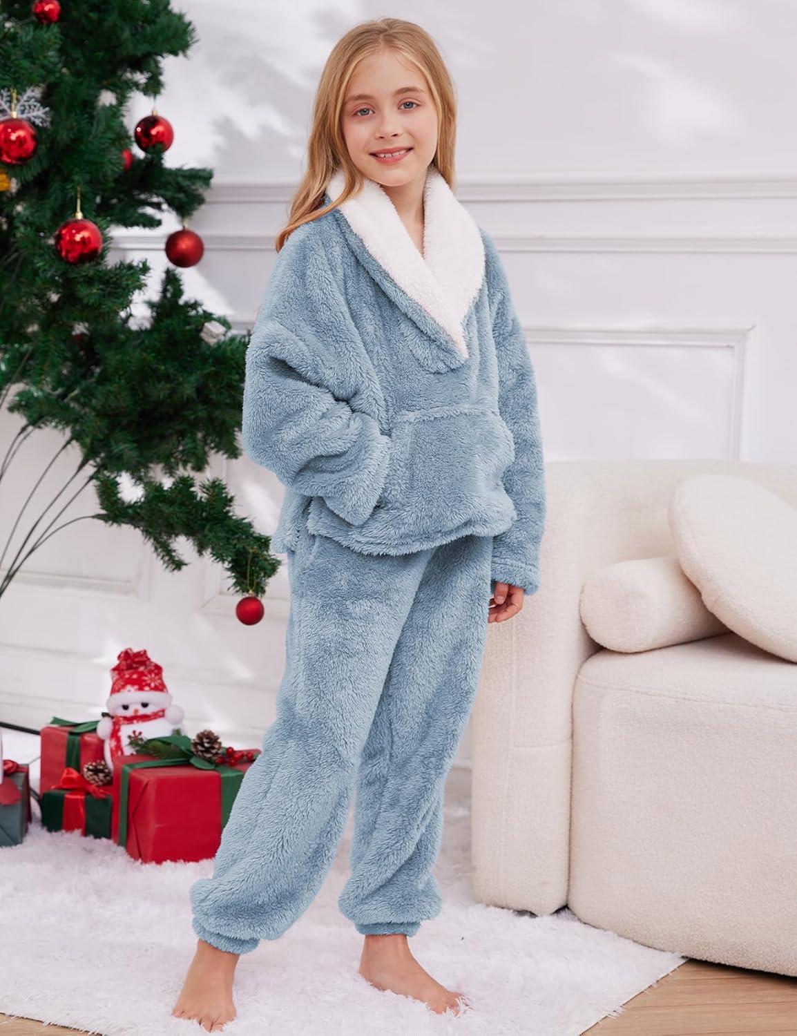 imageGihuo Girls Fleece Pants Sets Fuzzy 2 Piece Outfits Lapel Collar Pullover Sweatshirt Set Sweatsuit 514YBlue