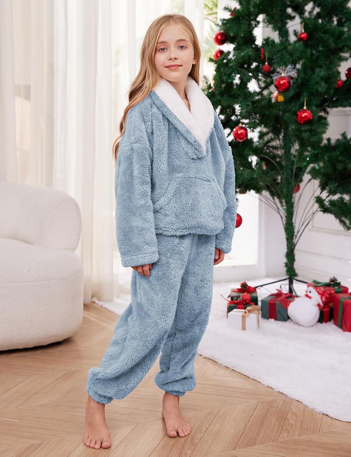 imageGihuo Girls Fleece Pants Sets Fuzzy 2 Piece Outfits Lapel Collar Pullover Sweatshirt Set Sweatsuit 514YBlue