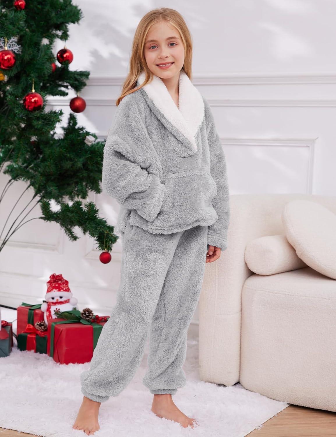 imageGihuo Girls Fleece Pants Sets Fuzzy 2 Piece Outfits Lapel Collar Pullover Sweatshirt Set Sweatsuit 514YLightgrey