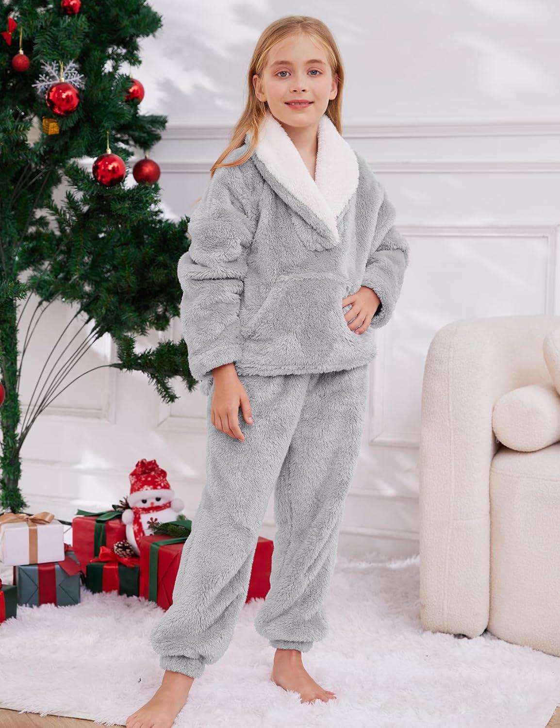 imageGihuo Girls Fleece Pants Sets Fuzzy 2 Piece Outfits Lapel Collar Pullover Sweatshirt Set Sweatsuit 514YLightgrey