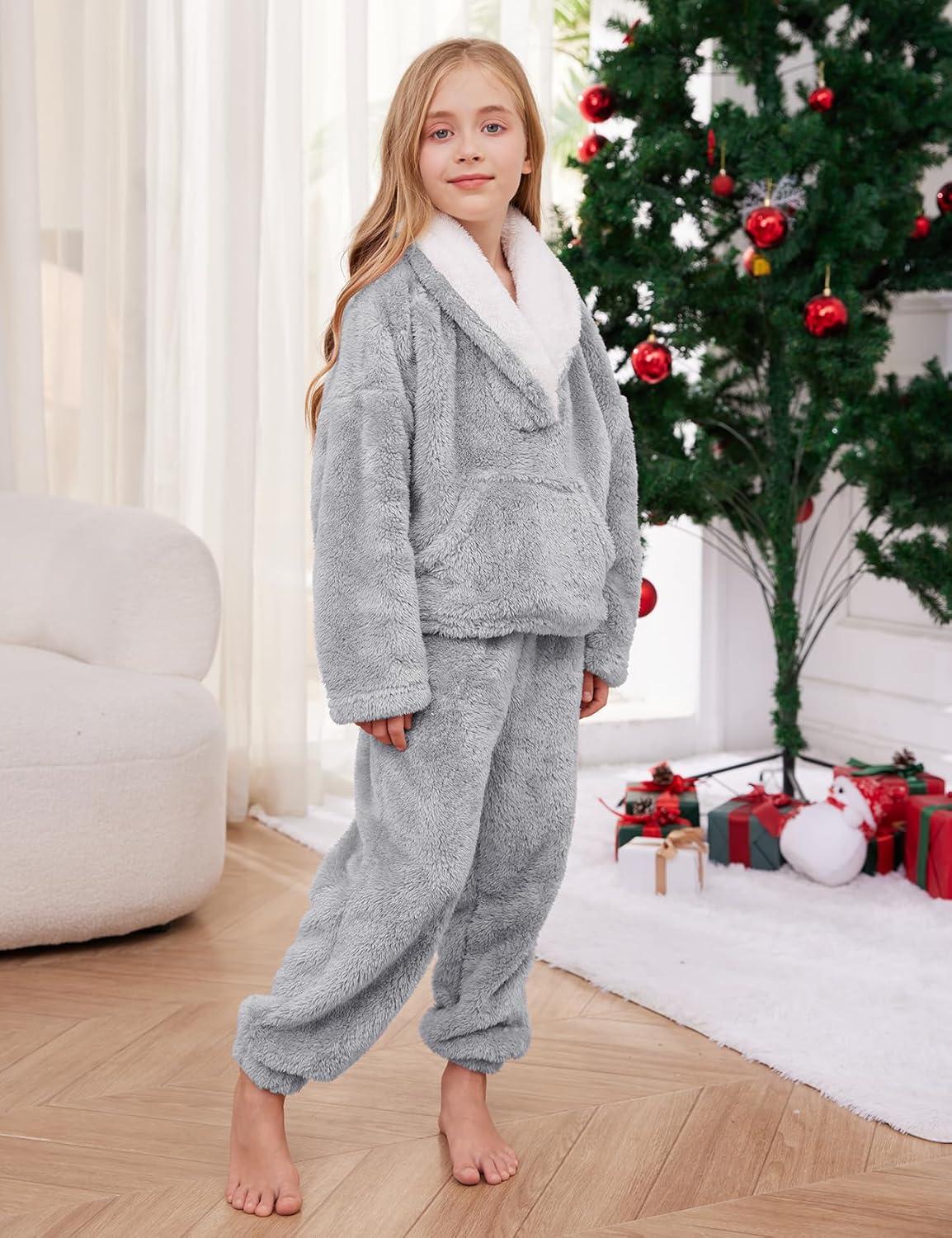 imageGihuo Girls Fleece Pants Sets Fuzzy 2 Piece Outfits Lapel Collar Pullover Sweatshirt Set Sweatsuit 514YLightgrey