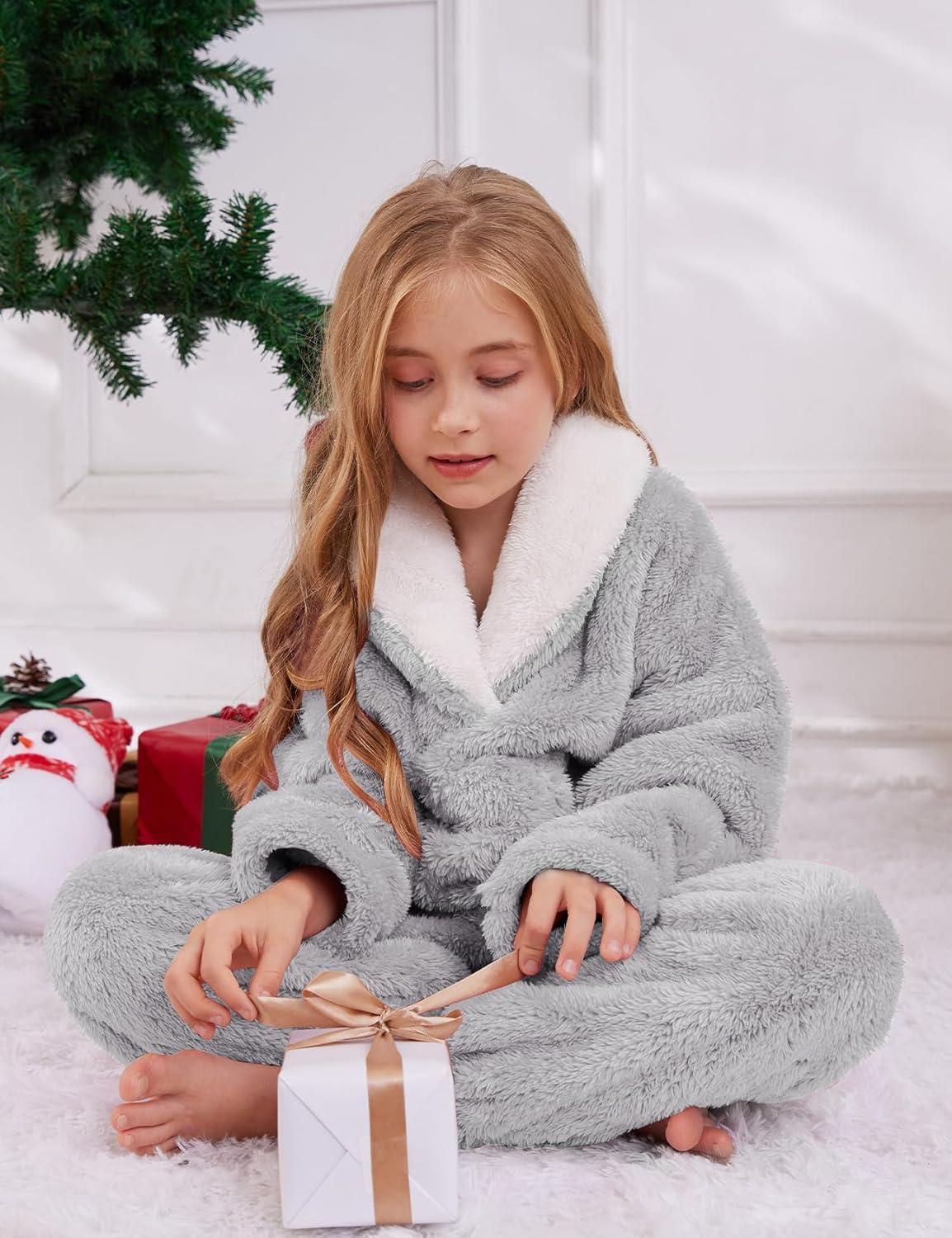 imageGihuo Girls Fleece Pants Sets Fuzzy 2 Piece Outfits Lapel Collar Pullover Sweatshirt Set Sweatsuit 514YLightgrey