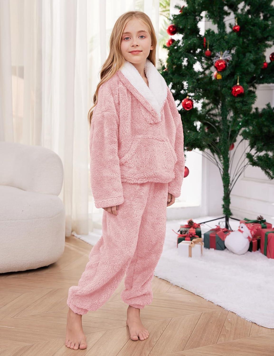 imageGihuo Girls Fleece Pants Sets Fuzzy 2 Piece Outfits Lapel Collar Pullover Sweatshirt Set Sweatsuit 514YLightpink
