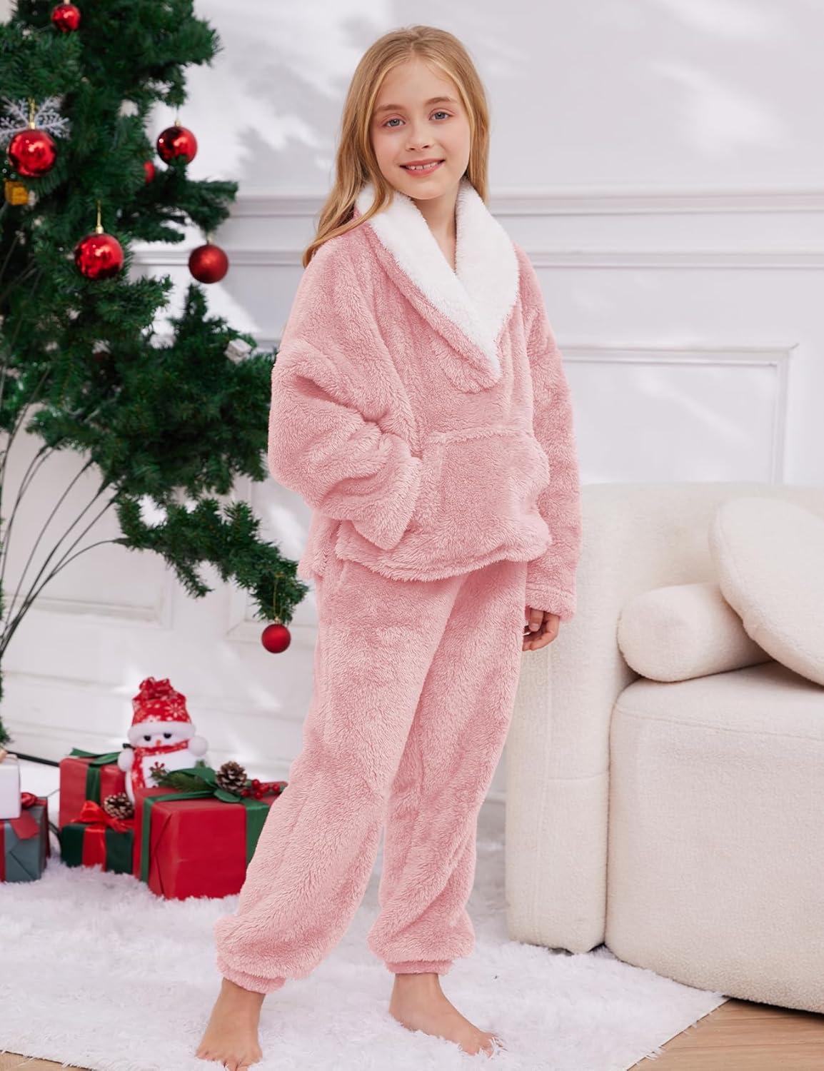 imageGihuo Girls Fleece Pants Sets Fuzzy 2 Piece Outfits Lapel Collar Pullover Sweatshirt Set Sweatsuit 514YLightpink