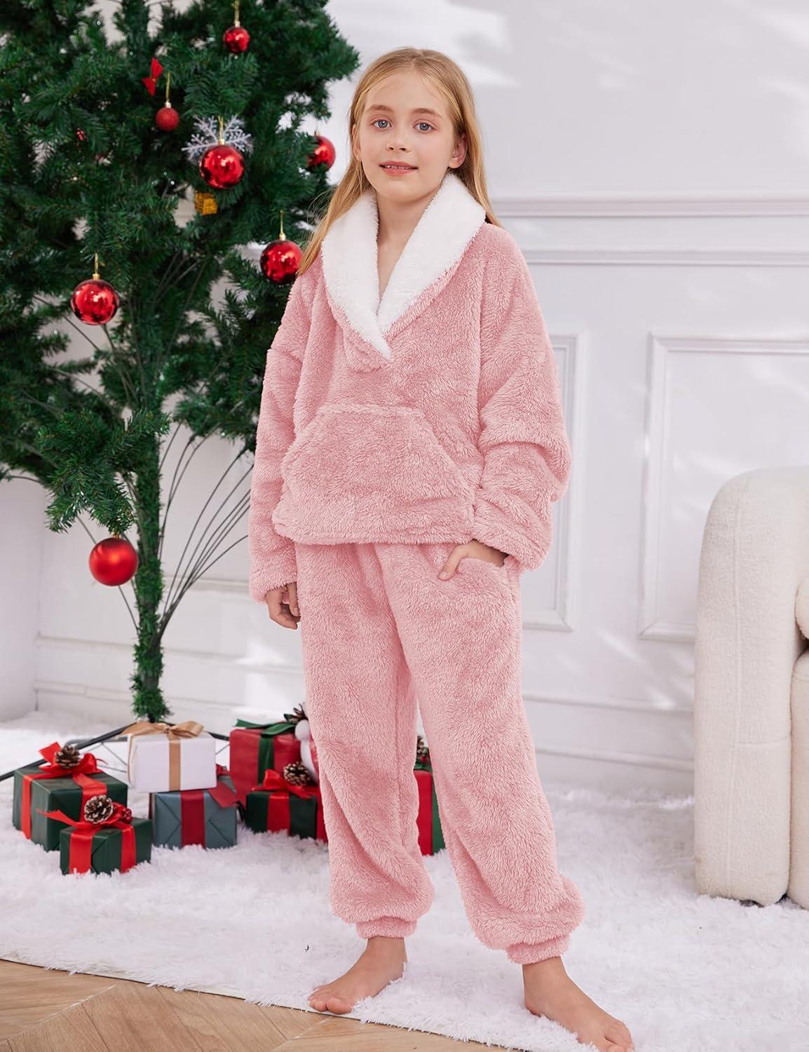 imageGihuo Girls Fleece Pants Sets Fuzzy 2 Piece Outfits Lapel Collar Pullover Sweatshirt Set Sweatsuit 514YLightpink