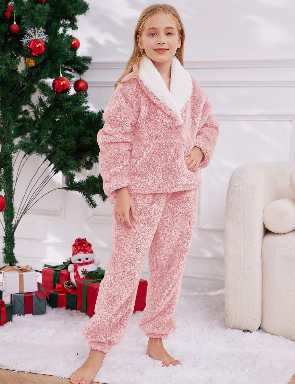 imageGihuo Girls Fleece Pants Sets Fuzzy 2 Piece Outfits Lapel Collar Pullover Sweatshirt Set Sweatsuit 514YLightpink
