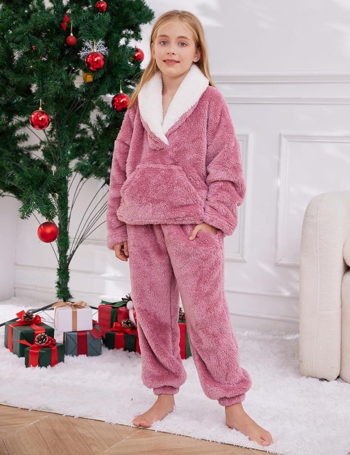 imageGihuo Girls Fleece Pants Sets Fuzzy 2 Piece Outfits Lapel Collar Pullover Sweatshirt Set Sweatsuit 514YPink