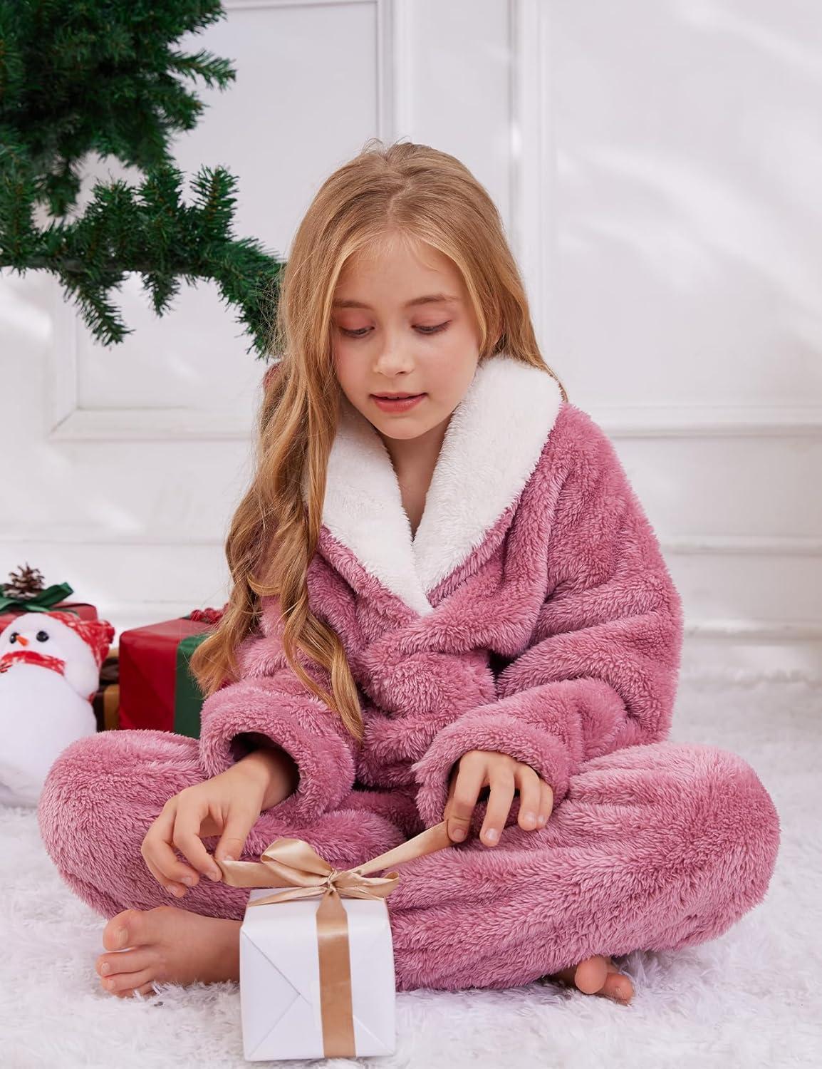 imageGihuo Girls Fleece Pants Sets Fuzzy 2 Piece Outfits Lapel Collar Pullover Sweatshirt Set Sweatsuit 514YPink