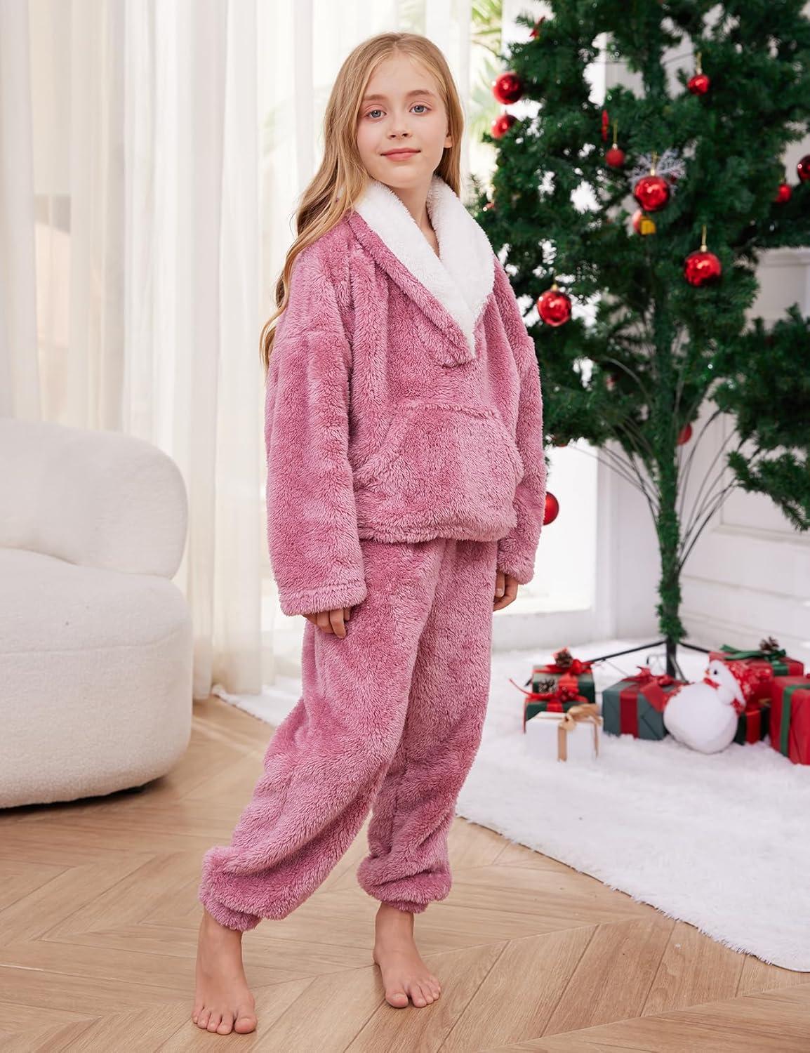 imageGihuo Girls Fleece Pants Sets Fuzzy 2 Piece Outfits Lapel Collar Pullover Sweatshirt Set Sweatsuit 514YPink