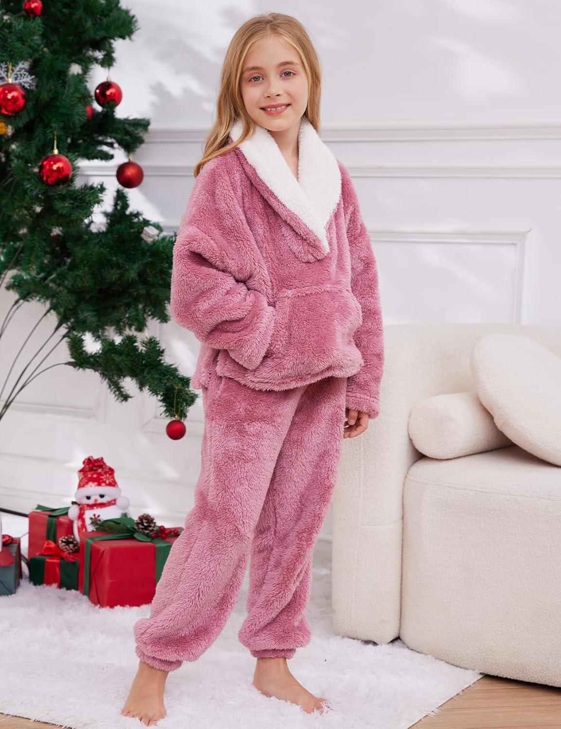 imageGihuo Girls Fleece Pants Sets Fuzzy 2 Piece Outfits Lapel Collar Pullover Sweatshirt Set Sweatsuit 514YPink