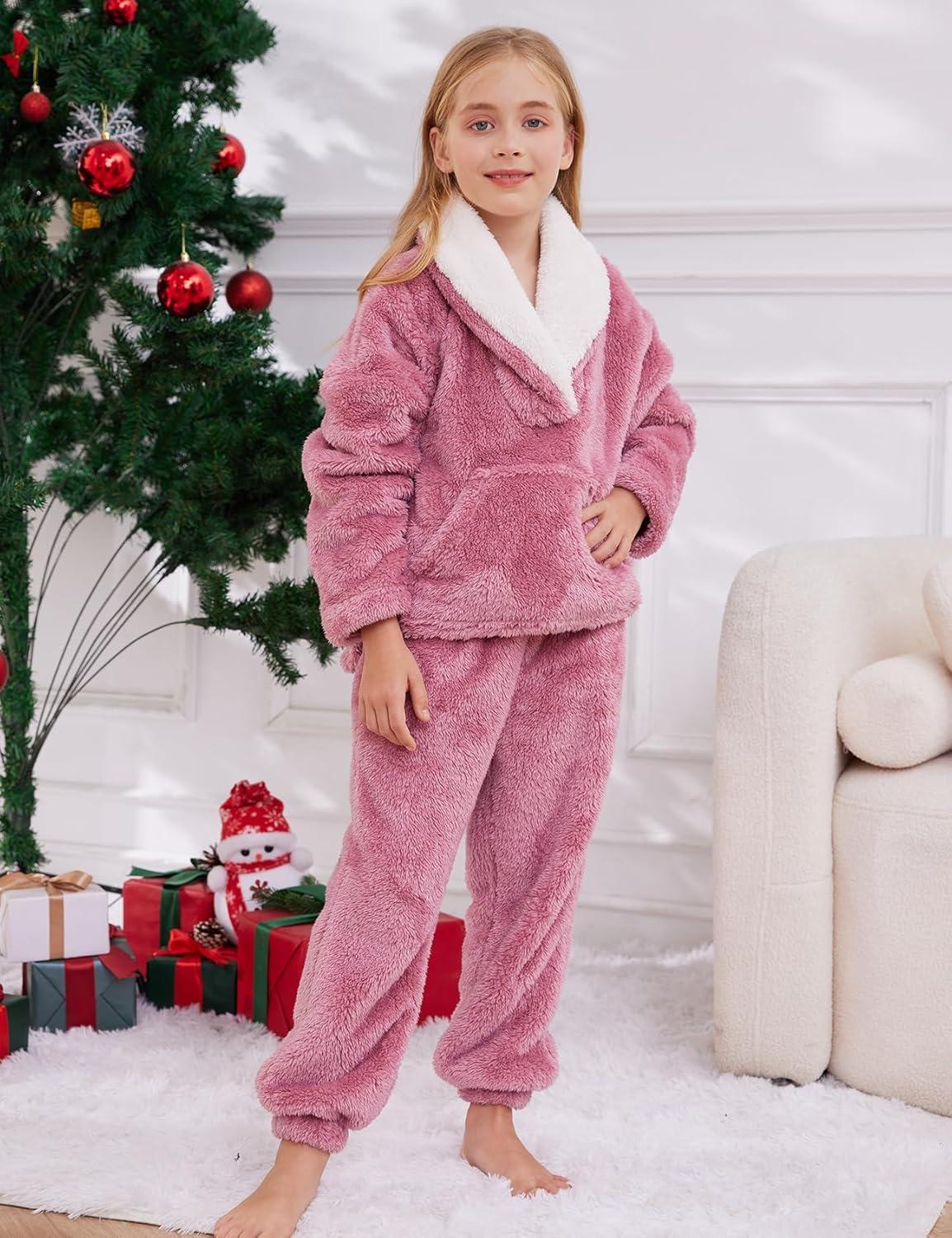 imageGihuo Girls Fleece Pants Sets Fuzzy 2 Piece Outfits Lapel Collar Pullover Sweatshirt Set Sweatsuit 514YPink
