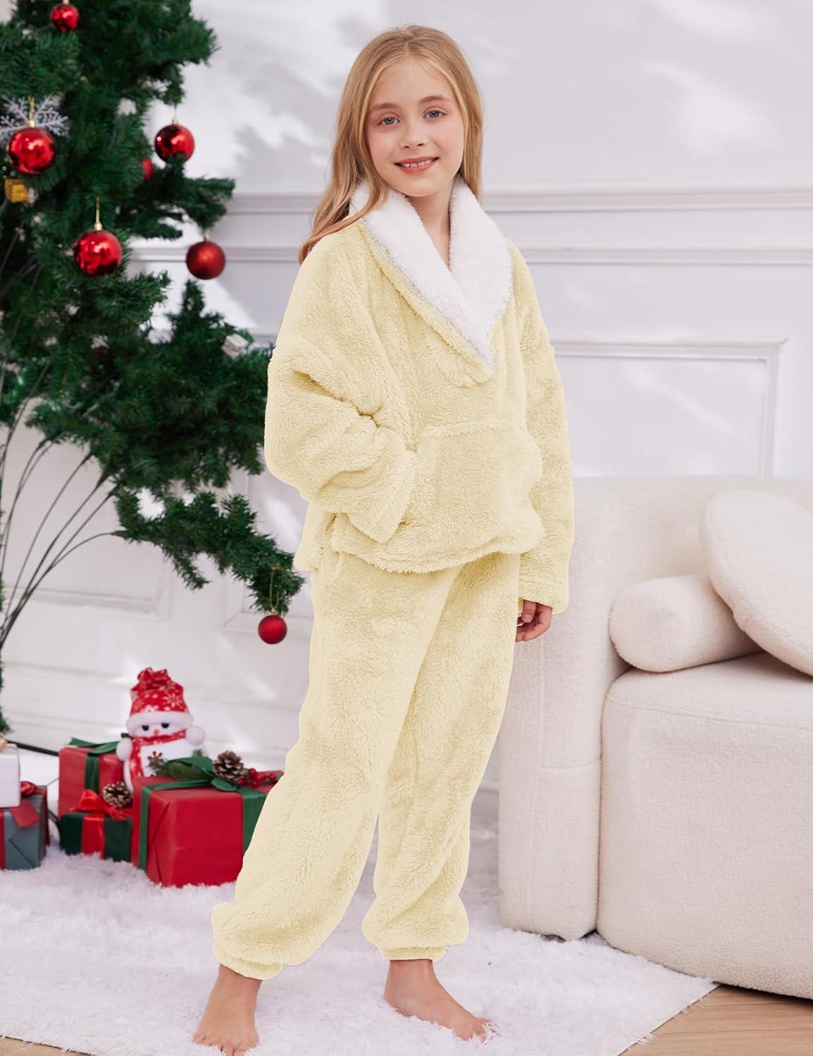 imageGihuo Girls Fleece Pants Sets Fuzzy 2 Piece Outfits Lapel Collar Pullover Sweatshirt Set Sweatsuit 514YYellow