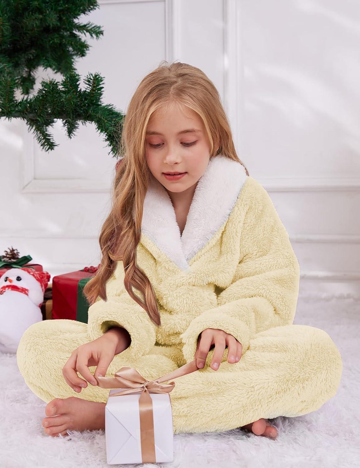 imageGihuo Girls Fleece Pants Sets Fuzzy 2 Piece Outfits Lapel Collar Pullover Sweatshirt Set Sweatsuit 514YYellow