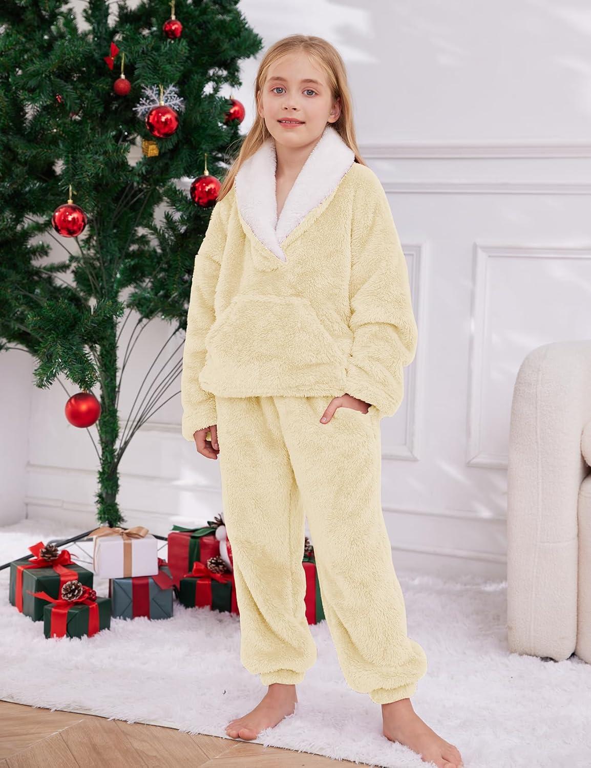 imageGihuo Girls Fleece Pants Sets Fuzzy 2 Piece Outfits Lapel Collar Pullover Sweatshirt Set Sweatsuit 514YYellow