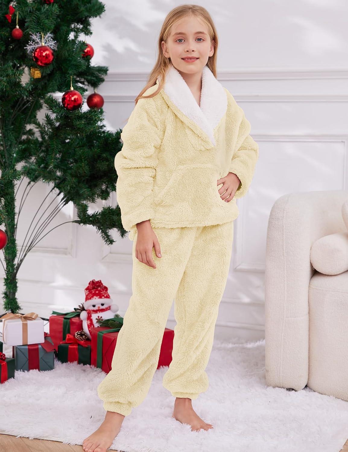 imageGihuo Girls Fleece Pants Sets Fuzzy 2 Piece Outfits Lapel Collar Pullover Sweatshirt Set Sweatsuit 514YYellow