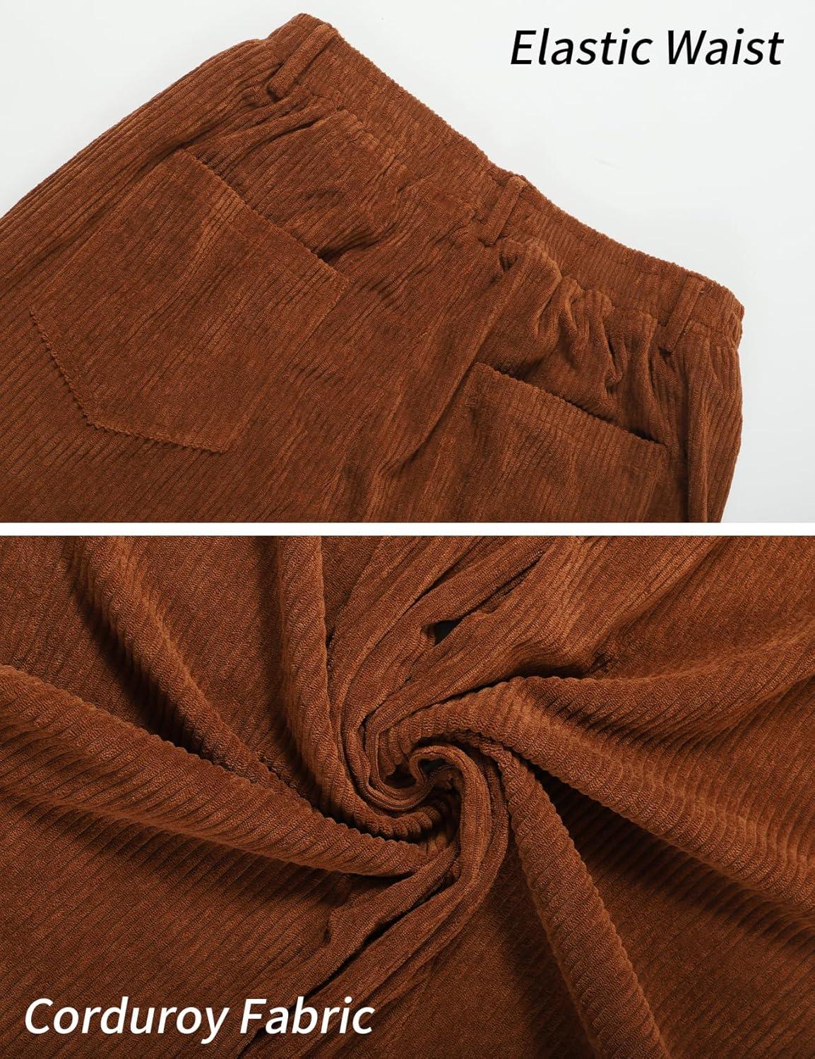 imageGihuo Mens Corduroy Pants Elastic Waist Sweatpants Vintage Cargo Sweatpants Loose Wide Leg Pants Hip Pop StreetwearBrown