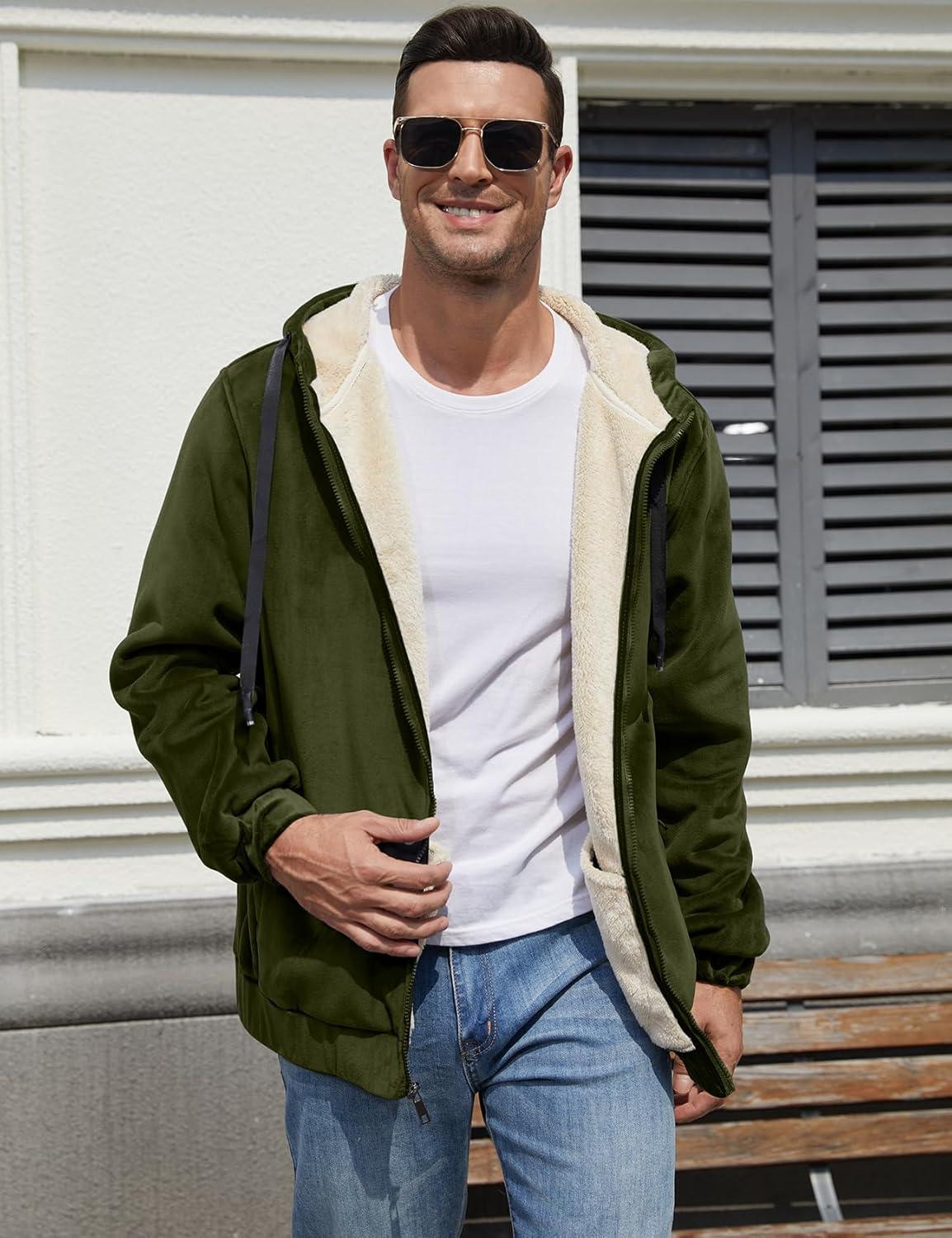 imageGihuo Mens Sherpa Hoodies Zip Up Fleece Lined Sweatshirt Hooded Winter Warm Jacket03 Army Fleece Shell