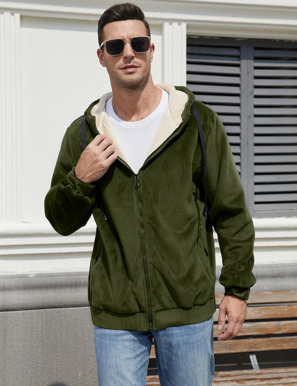 imageGihuo Mens Sherpa Hoodies Zip Up Fleece Lined Sweatshirt Hooded Winter Warm Jacket03 Army Fleece Shell