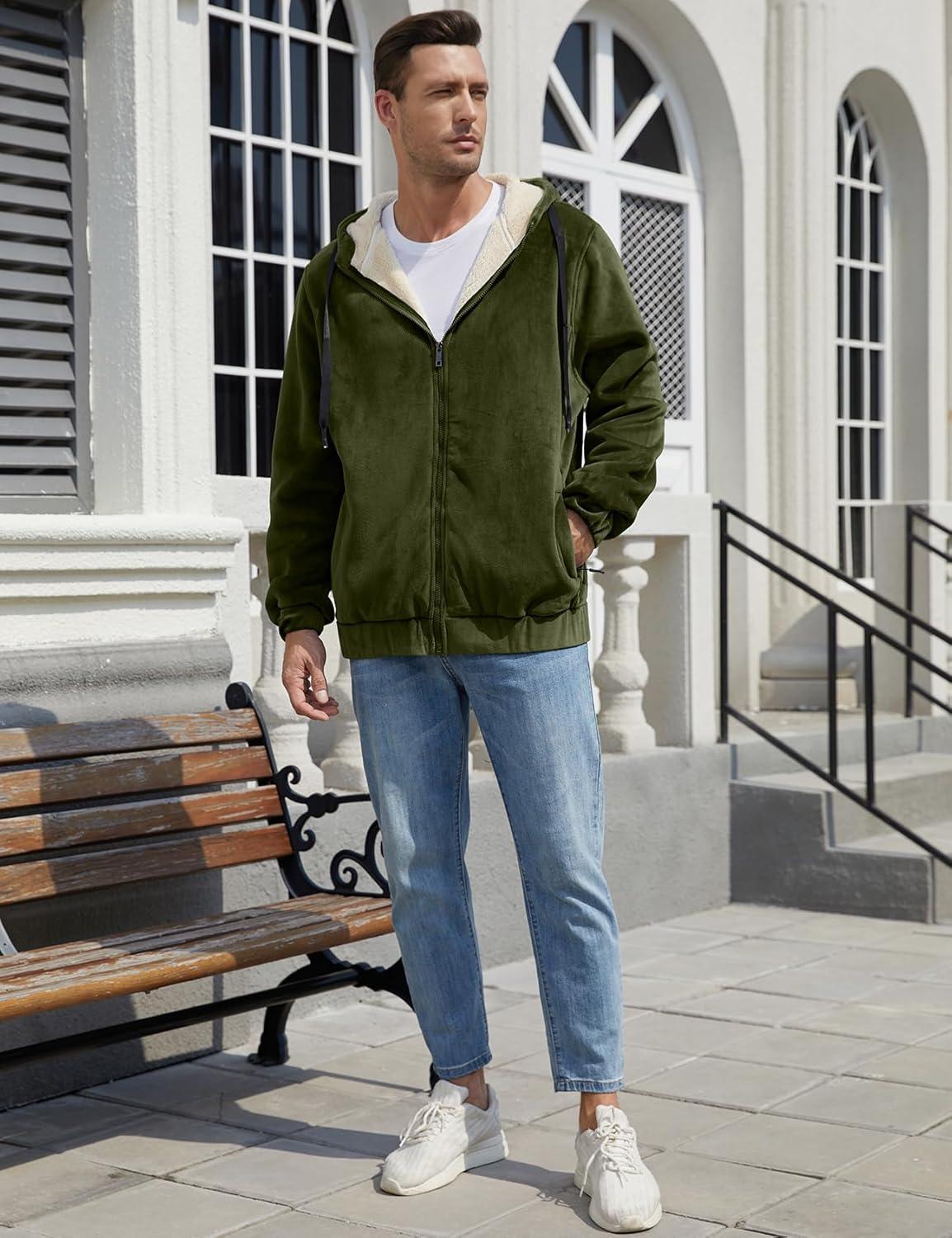 imageGihuo Mens Sherpa Hoodies Zip Up Fleece Lined Sweatshirt Hooded Winter Warm Jacket03 Army Fleece Shell
