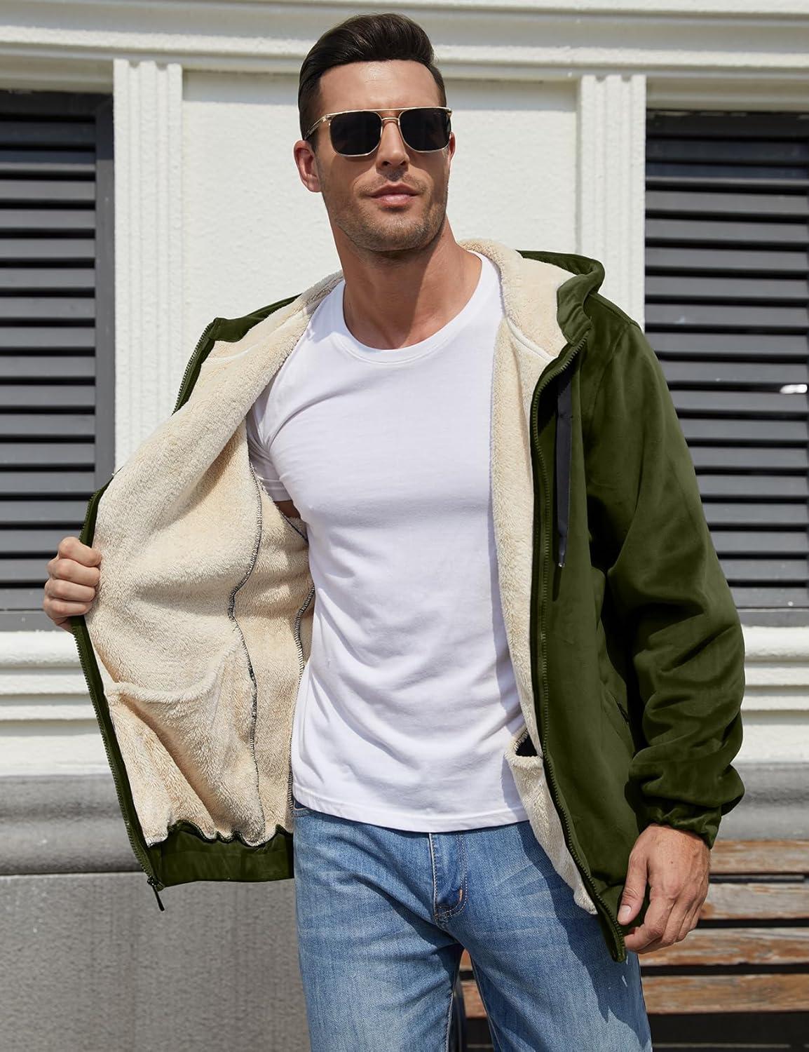 imageGihuo Mens Sherpa Hoodies Zip Up Fleece Lined Sweatshirt Hooded Winter Warm Jacket03 Army Fleece Shell