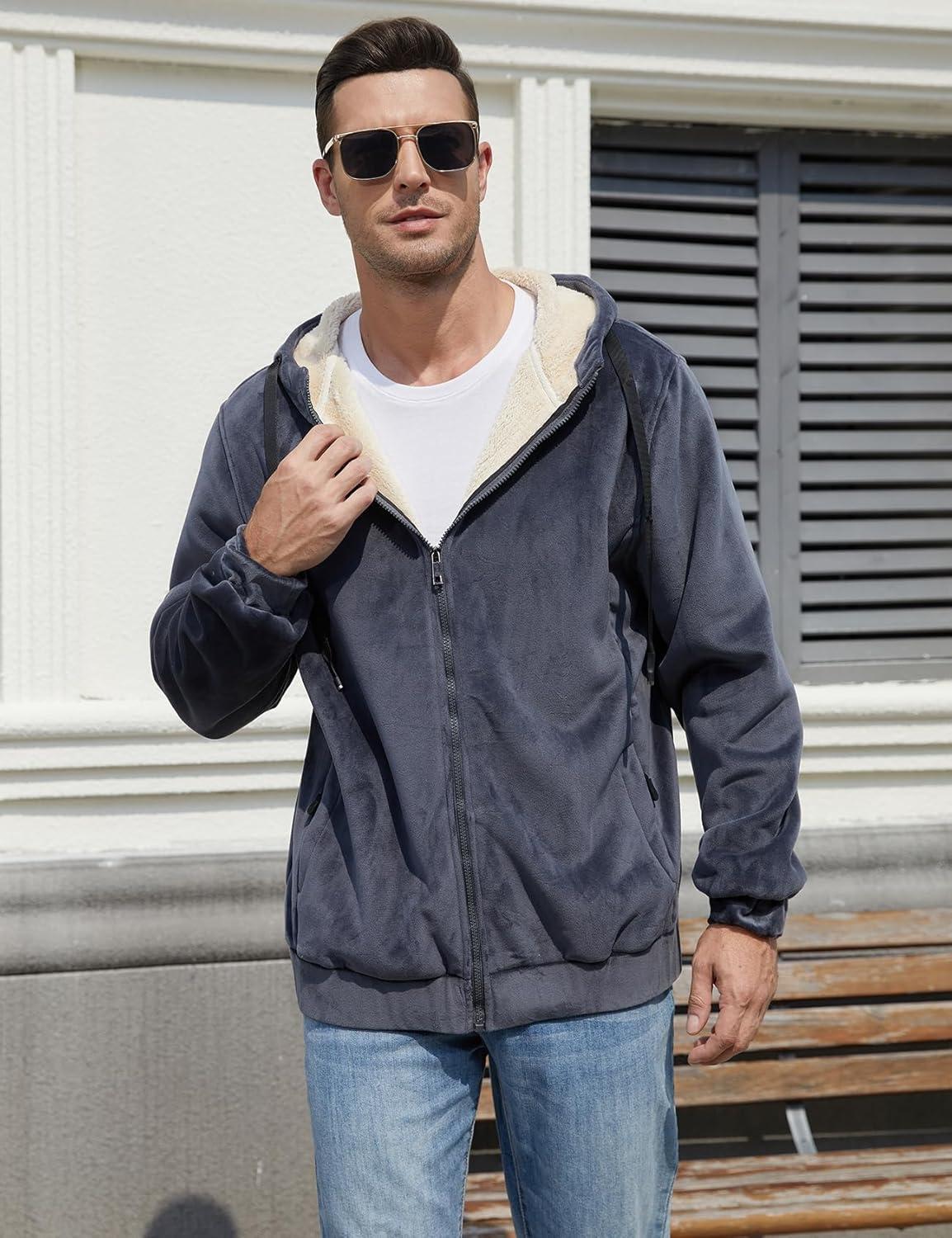 imageGihuo Mens Sherpa Hoodies Zip Up Fleece Lined Sweatshirt Hooded Winter Warm Jacket03 Greyfleece Shell