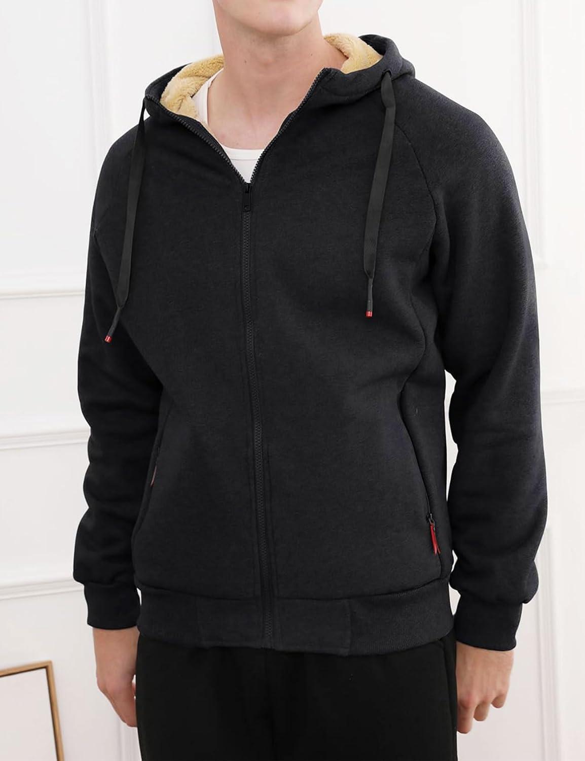 imageGihuo Mens Sherpa Hoodies Zip Up Fleece Lined Sweatshirt Hooded Winter Warm JacketBlack