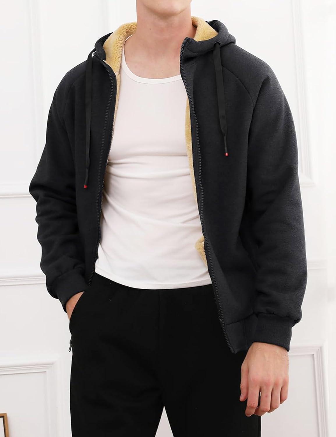 imageGihuo Mens Sherpa Hoodies Zip Up Fleece Lined Sweatshirt Hooded Winter Warm JacketBlack