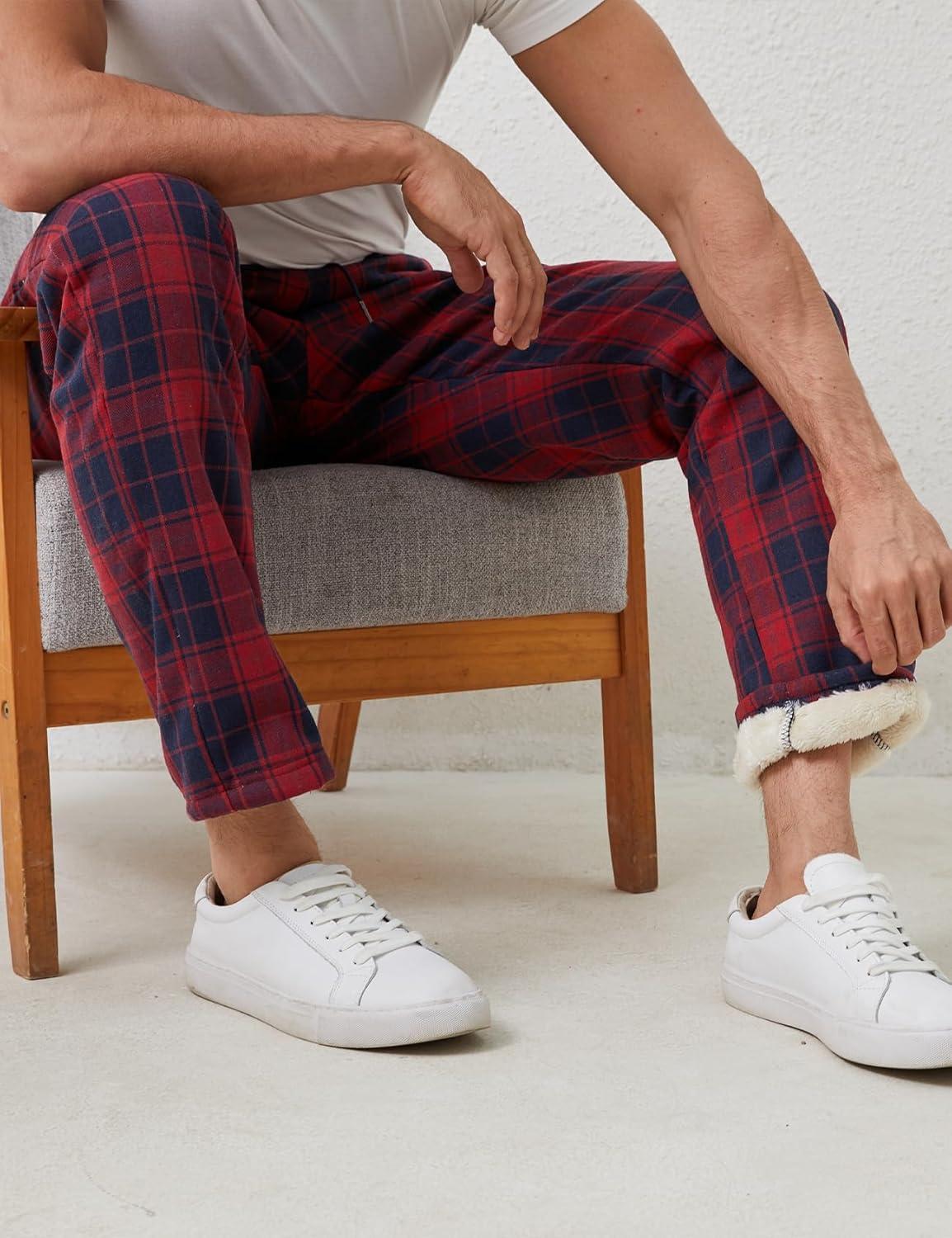 imageGihuo Mens Winter Fleece Pants Sherpa Lined Sweatpants Active Running Jogger Pants2 Redplaid Straight Cuff