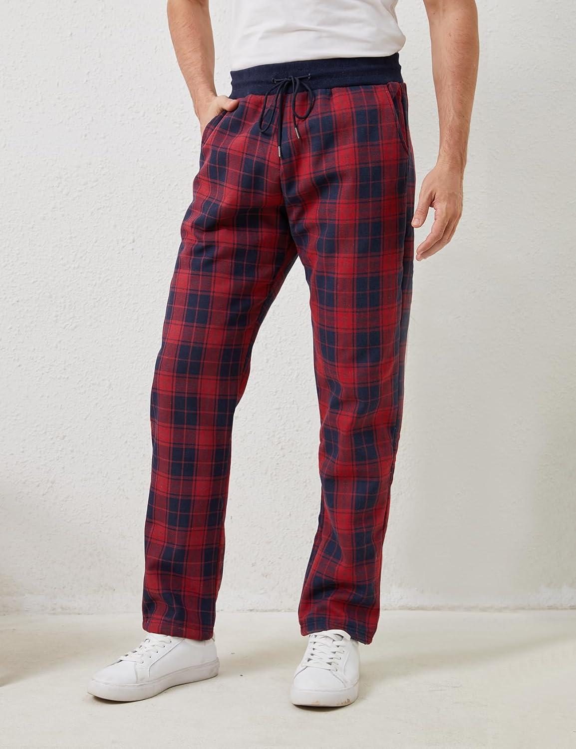 imageGihuo Mens Winter Fleece Pants Sherpa Lined Sweatpants Active Running Jogger Pants2 Redplaid Straight Cuff