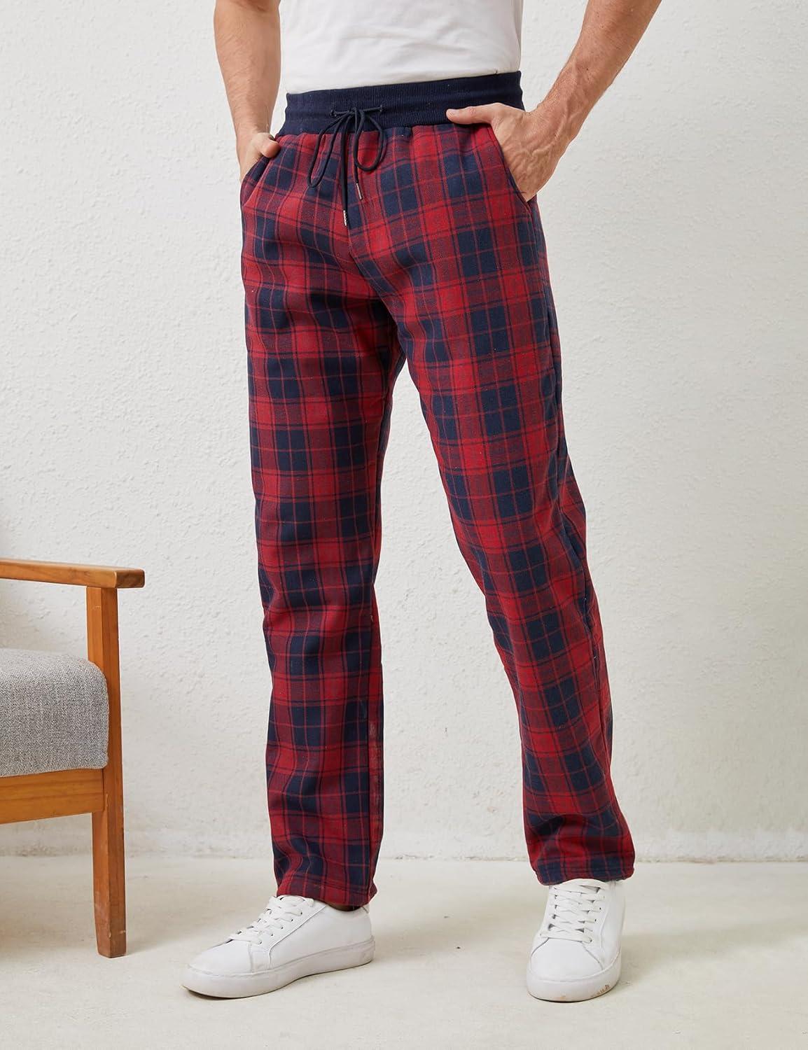 imageGihuo Mens Winter Fleece Pants Sherpa Lined Sweatpants Active Running Jogger Pants2 Redplaid Straight Cuff