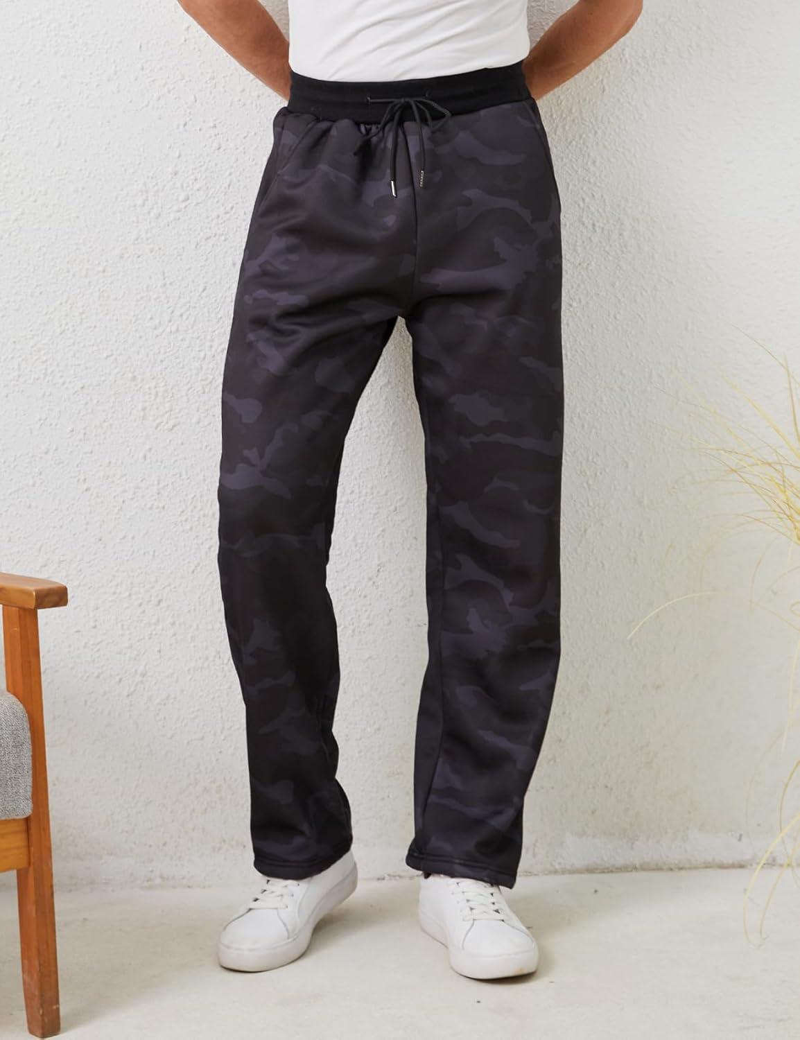 imageGihuo Mens Winter Fleece Pants Sherpa Lined Sweatpants Active Running Jogger PantsBlackcamo Ribbed Cuff