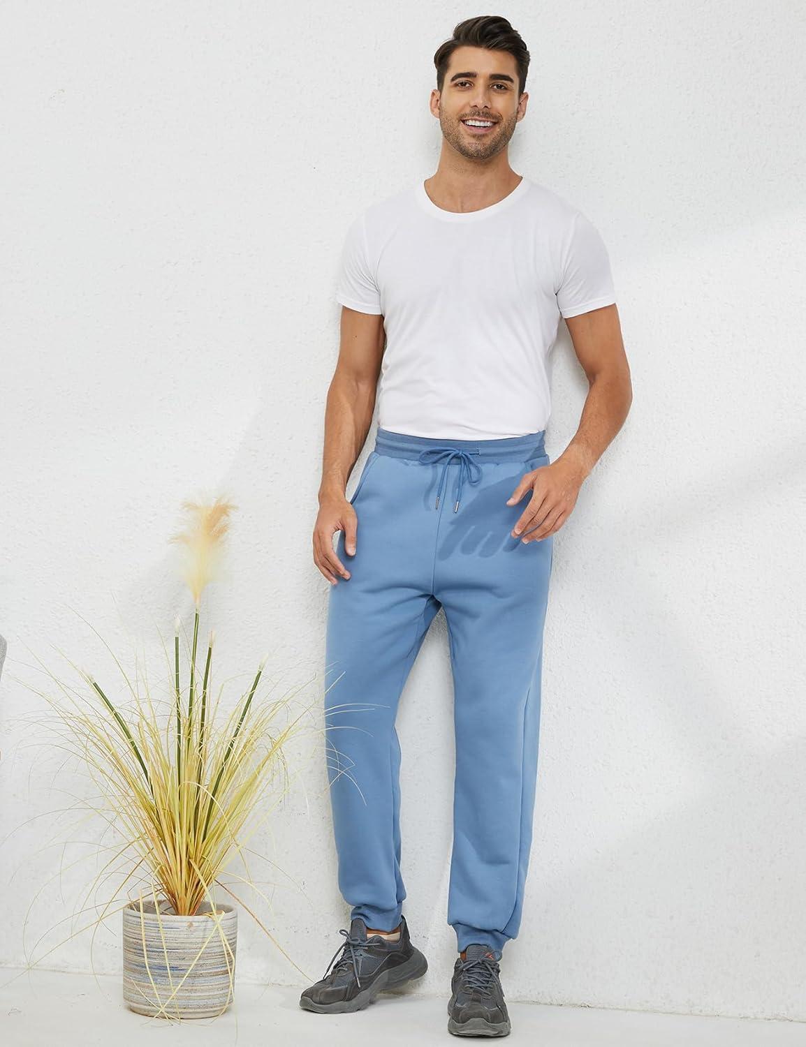 imageGihuo Mens Winter Fleece Pants Sherpa Lined Sweatpants Active Running Jogger PantsBlue Ribbed Cuff
