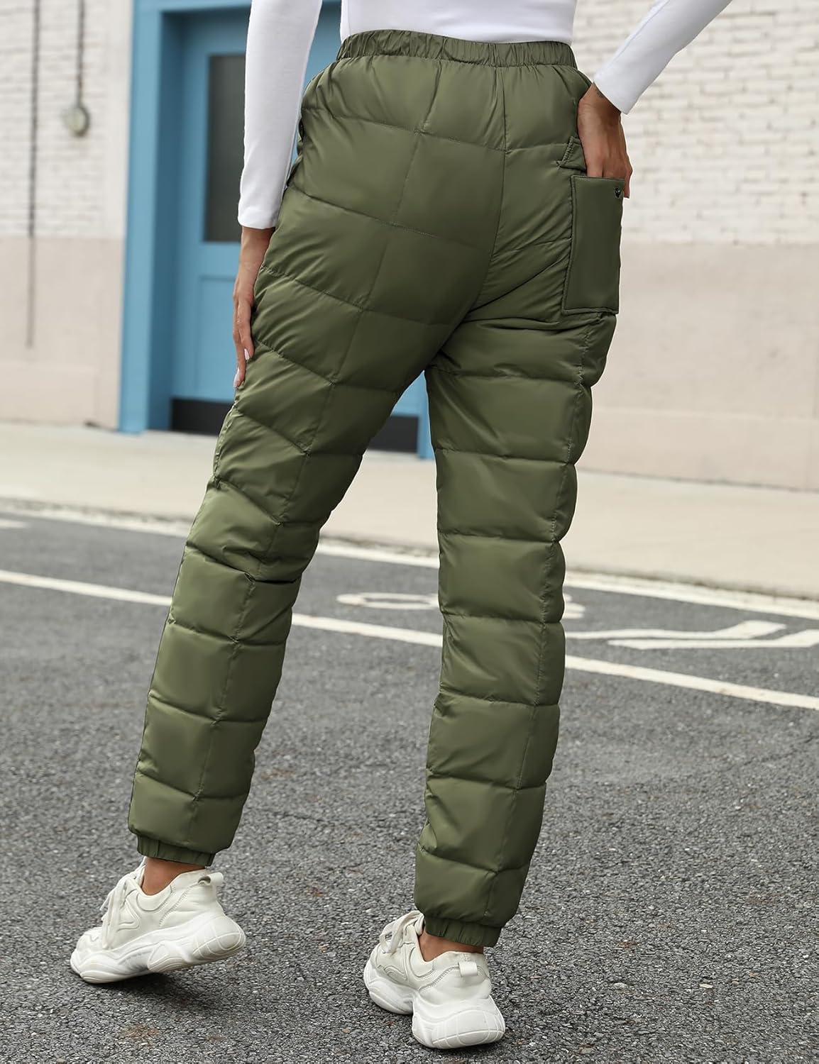 imageGihuo Snow Pants Womens Winter Windproof Down Pants Warm Outdoor Ski Pants Padded Loose Ultralight Warm TrousersArmy